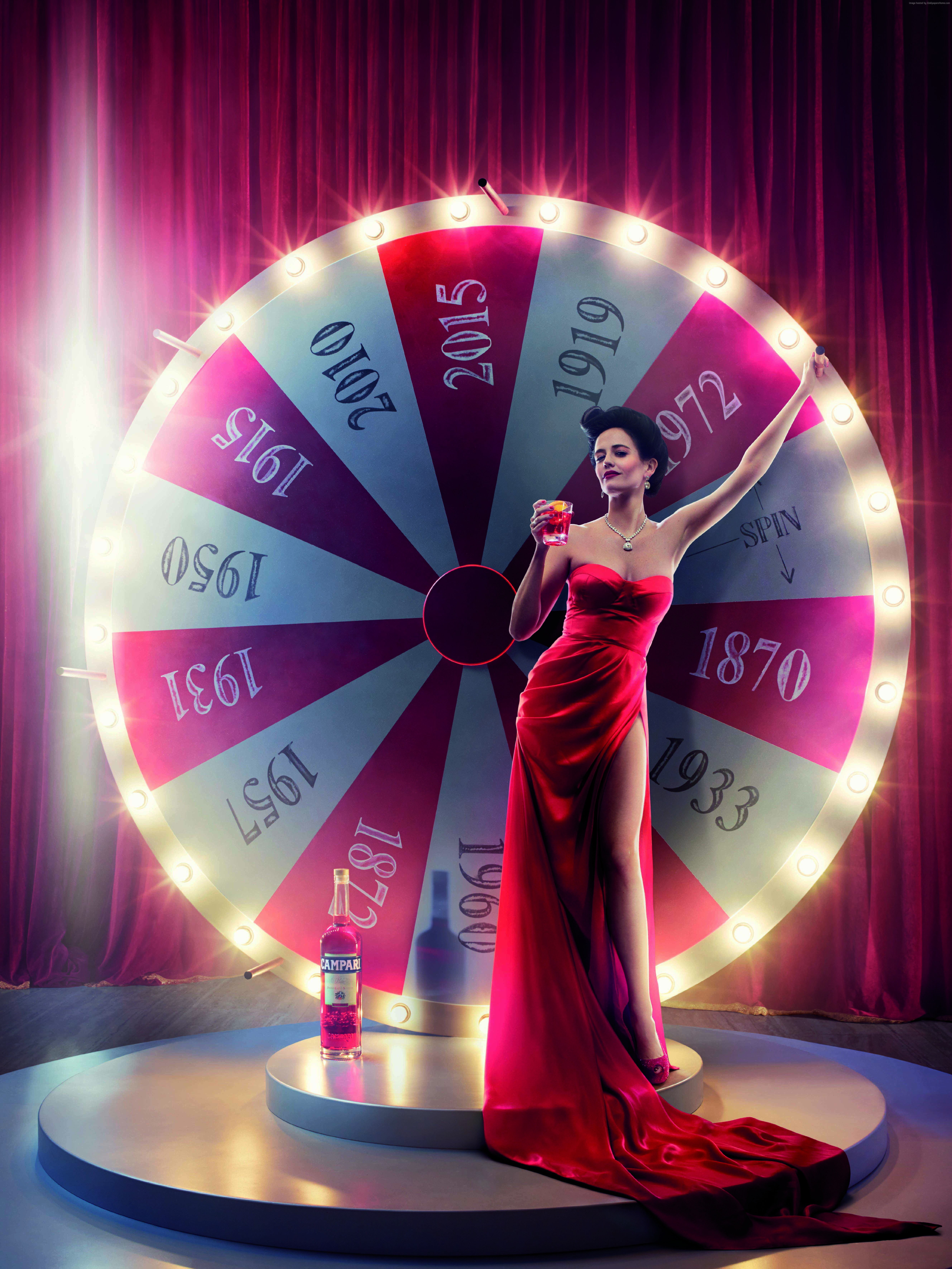 model, brunette, Eva Green, dress, calendar campari, Actress, 5K, red, Penny Dreadful, drink, Phone HD Wallpaper
