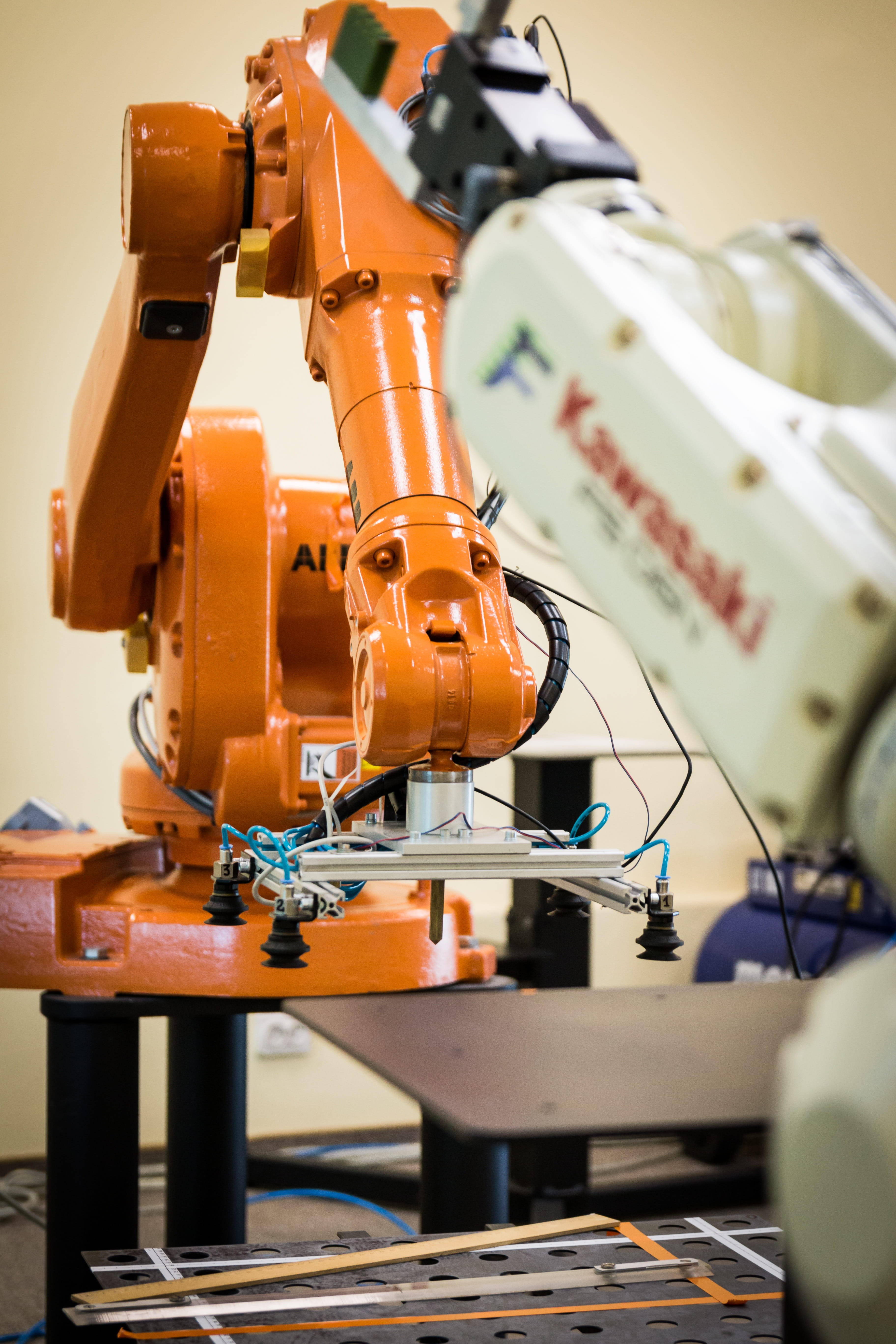 orange, factory, orange color, selective focus, business, man made object, electronics, automatics, tech, 5K, focus on foreground, kawasaki, robotics, Phone HD Wallpaper