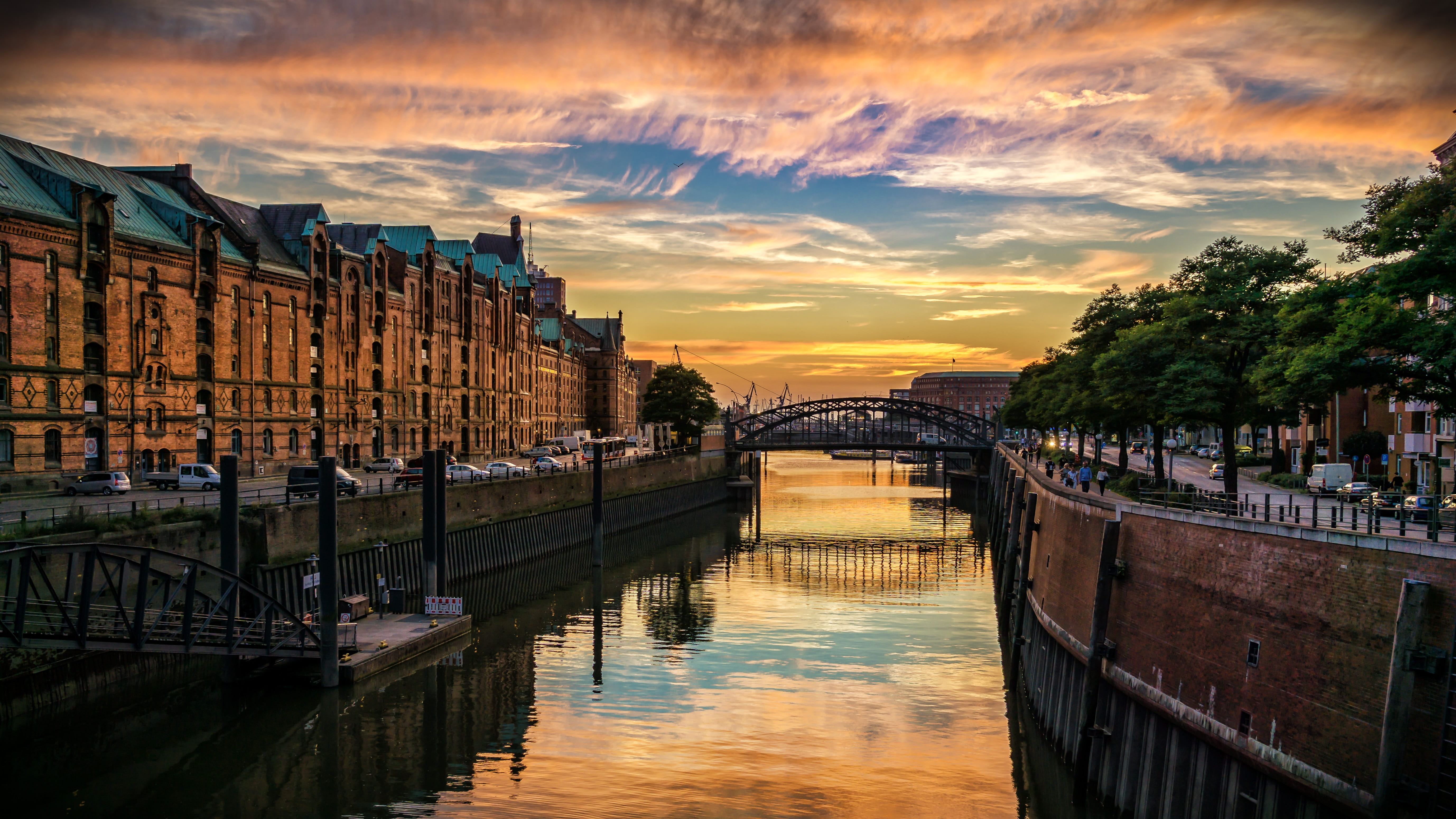 city, 5K, transportation, bridge - man made structure, speicherstadt, cloud - sky, building, germany, river, nature, built structure, waters, sky, bridge, HD Wallpaper