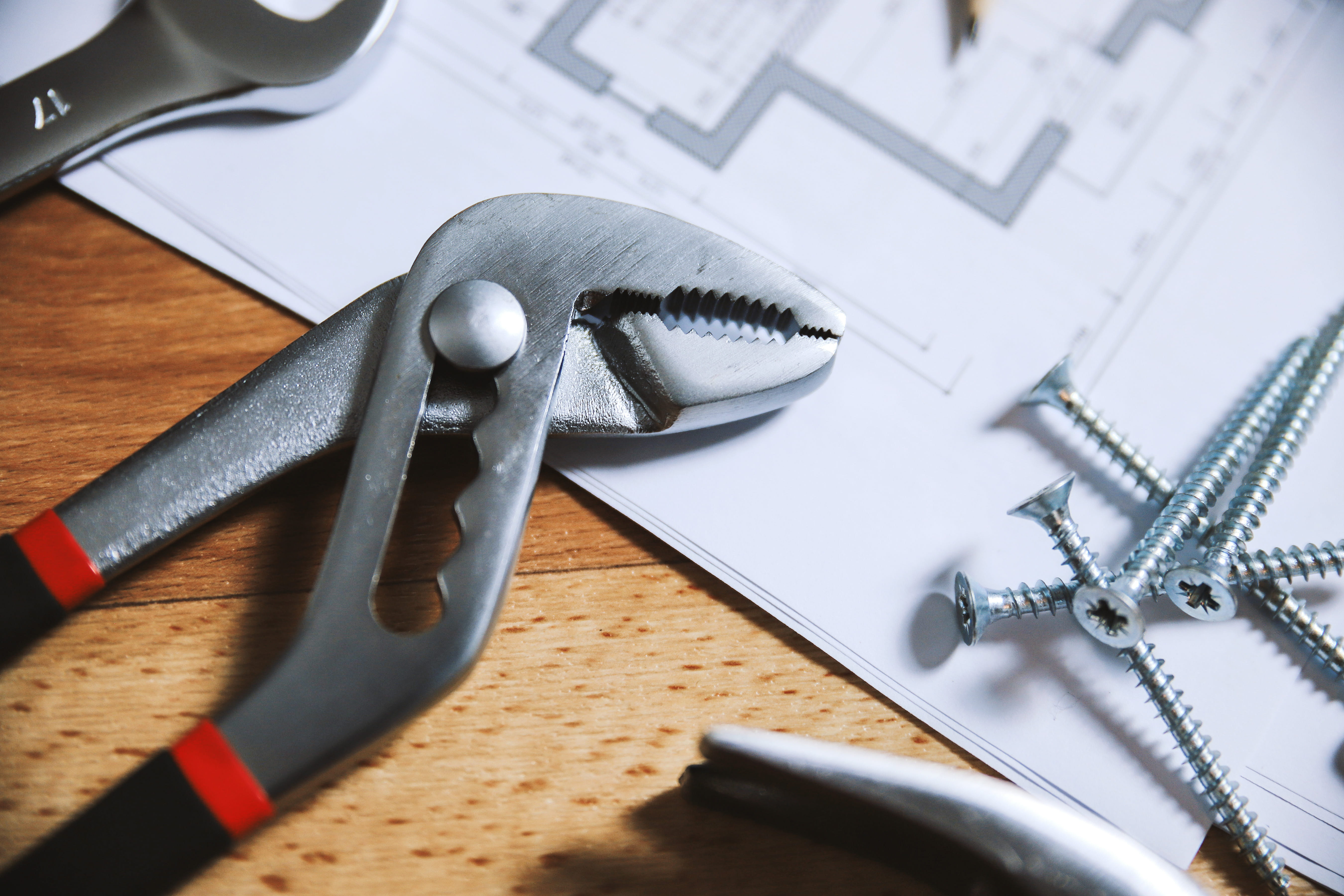 equipment, scissors, hand tool, silver colored, indoors, directly above, floor, communication, technology, wooden, plans, house, ruler, selective focus, HD Wallpaper
