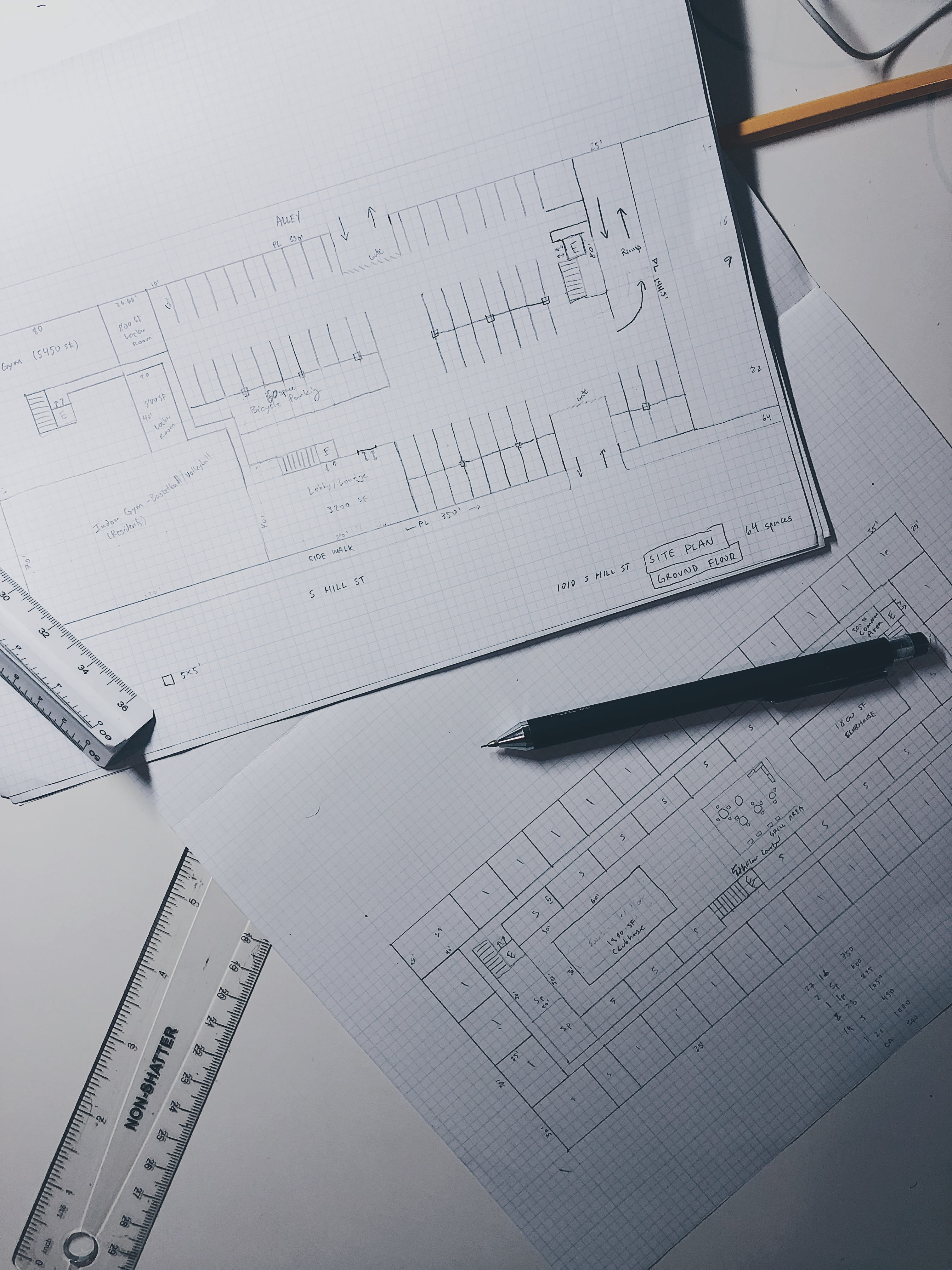 blueprint, ruler, high angle view, no people, simplicity, design, sketches, paperwork, paper, floor plan, architecture, pen, mathematics, pencil, 4K, construction industry, Phone HD Wallpaper