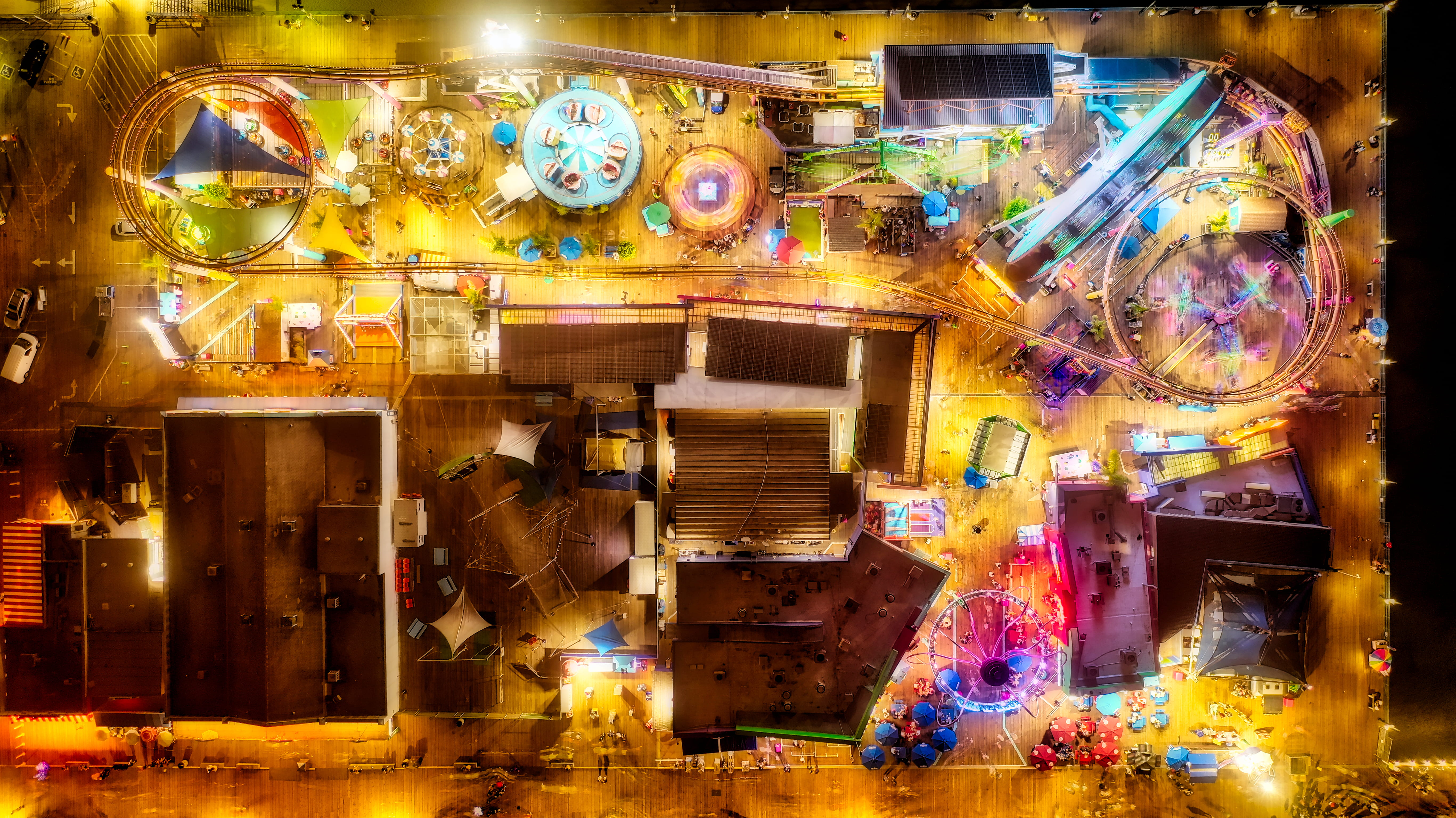 roller coaster, funfair, transportation, blurred motion, ferris wheel, street, motion, evening, no people, wheel, floor, carnival, night, city, digital composite, HD Wallpaper
