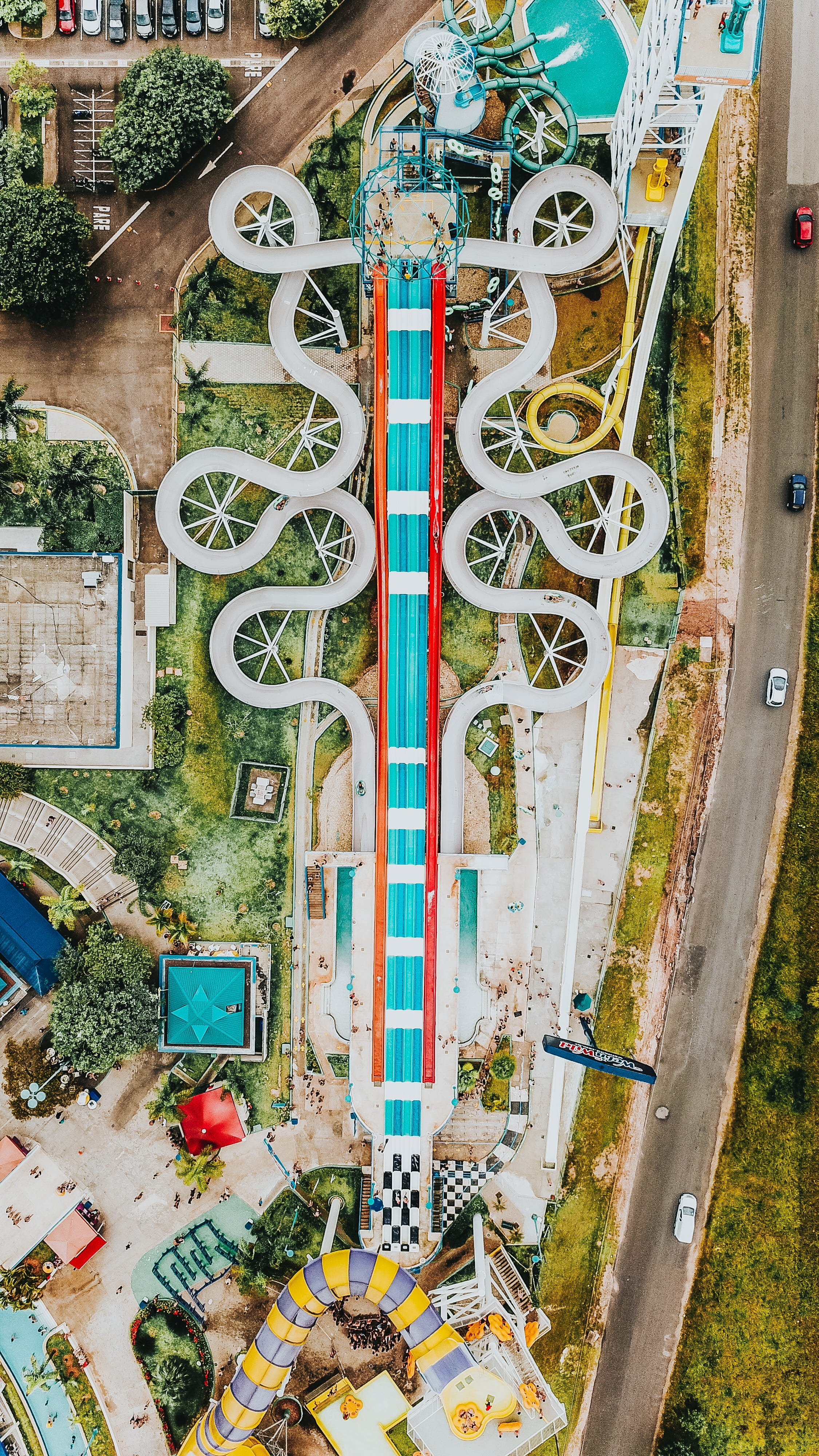 plot, high angle view, city, furniture, outdoors, animal, road, 4K, motor vehicle, transportation, urban, aerial view, campus, water, day, scenery, map, Phone HD Wallpaper