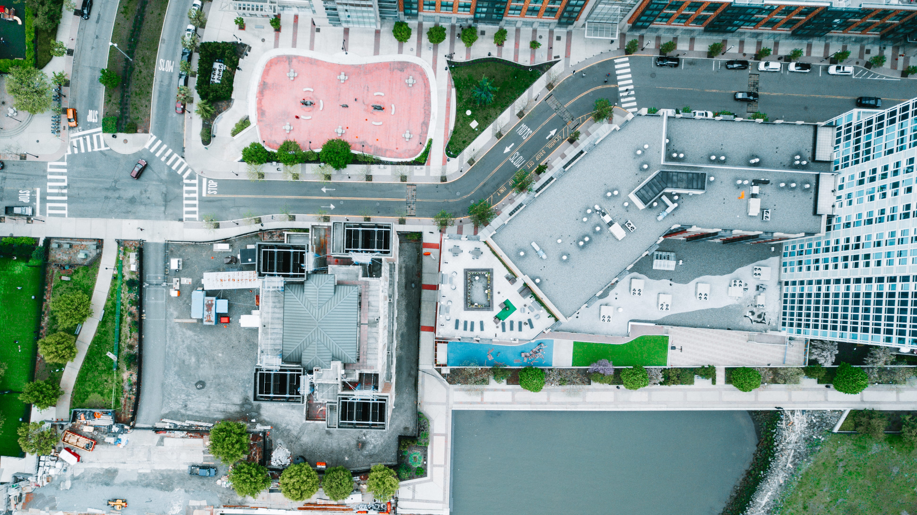 intersection, street, plot, bridge - man made structure, city, landscape, building, town, mode of transportation, housing, roof, floor plan, scenery, plan, HD Wallpaper