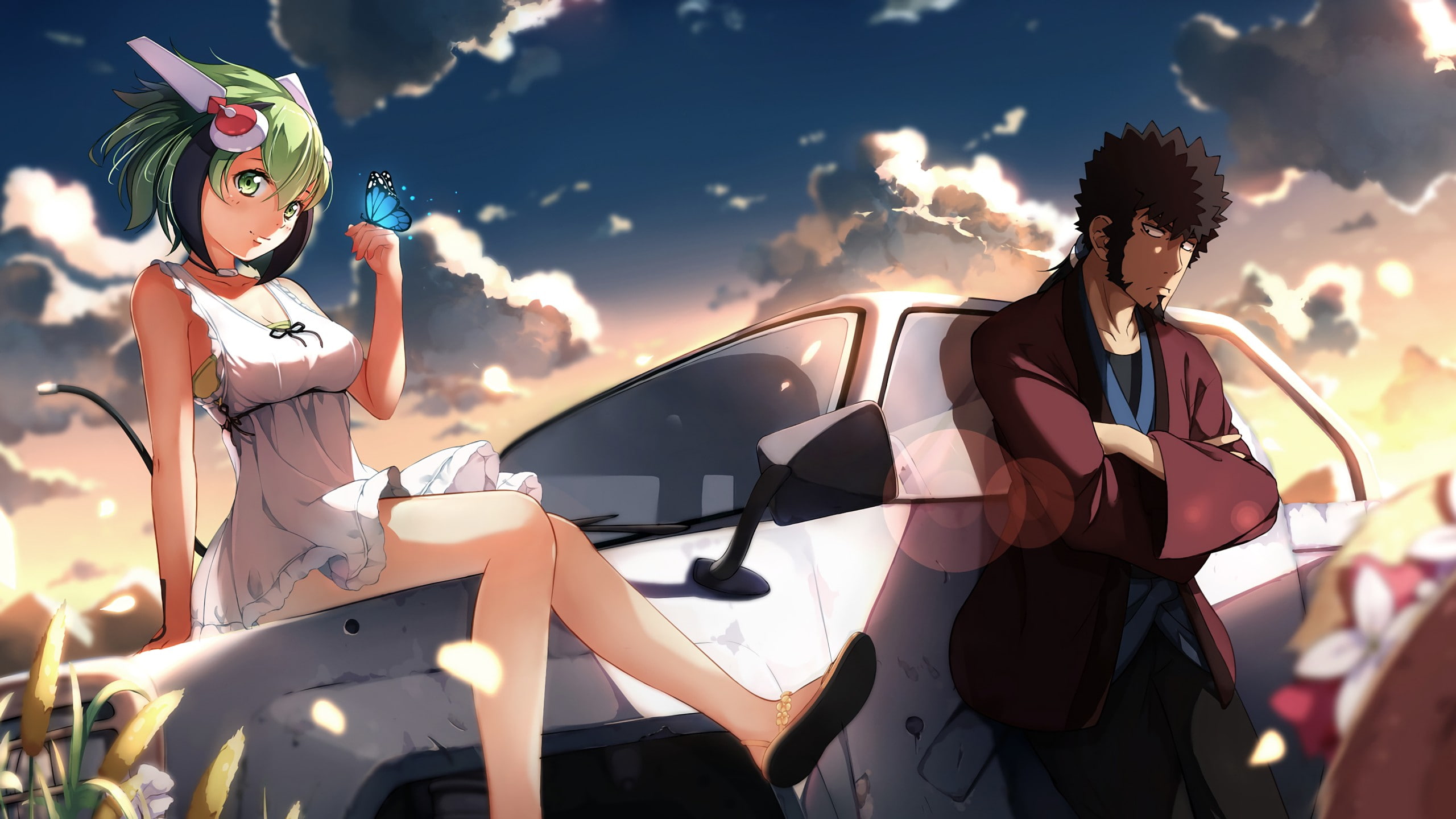 females, anime, hairstyle, motor vehicle, people, three quarter length, car, nature, mode of transportation, Dimension W, fashion, standing, sunlight, beauty, HD Wallpaper