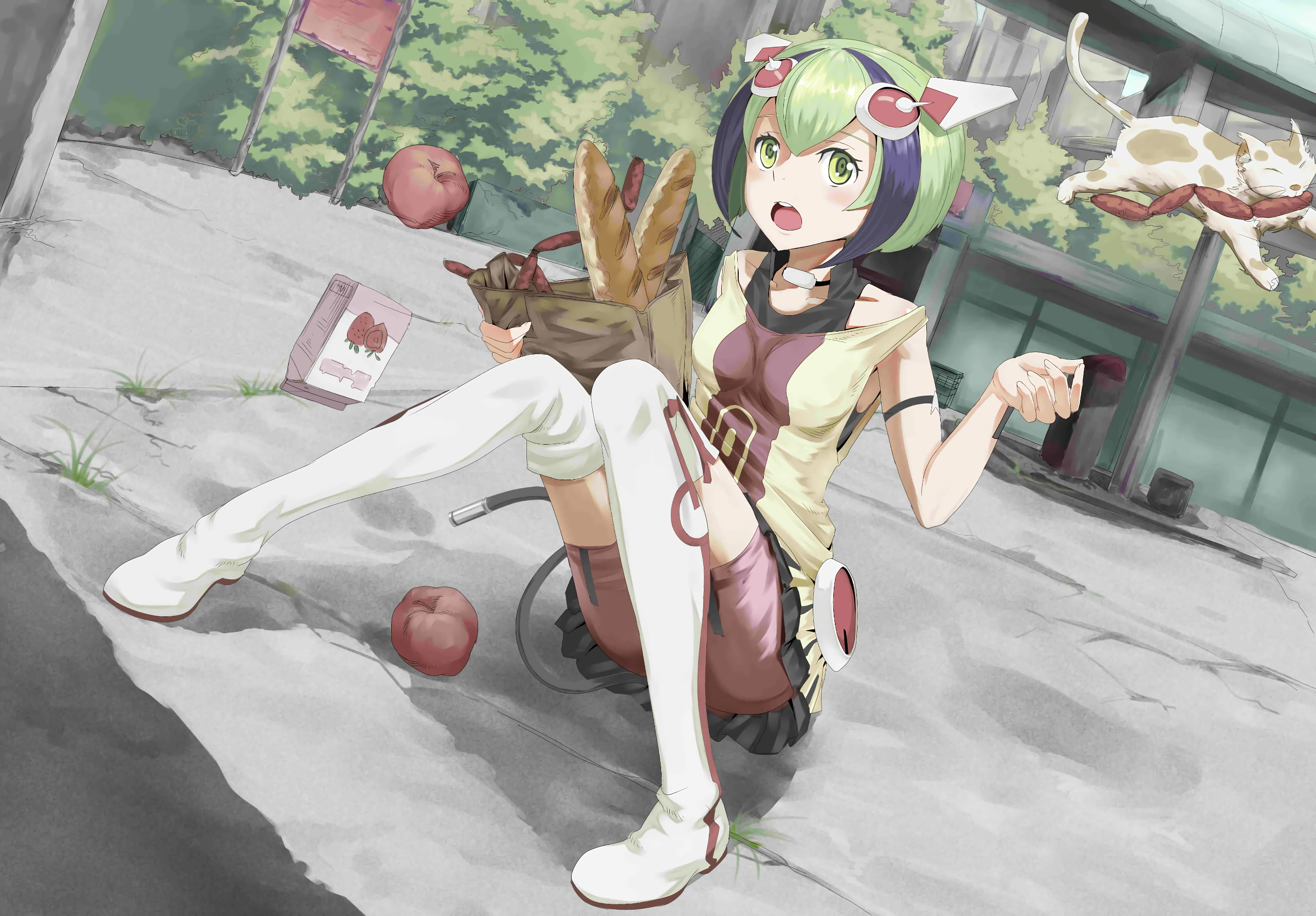 short hair, food, anime, 2K, cat, Dimension W, thigh-highs, HD Wallpaper