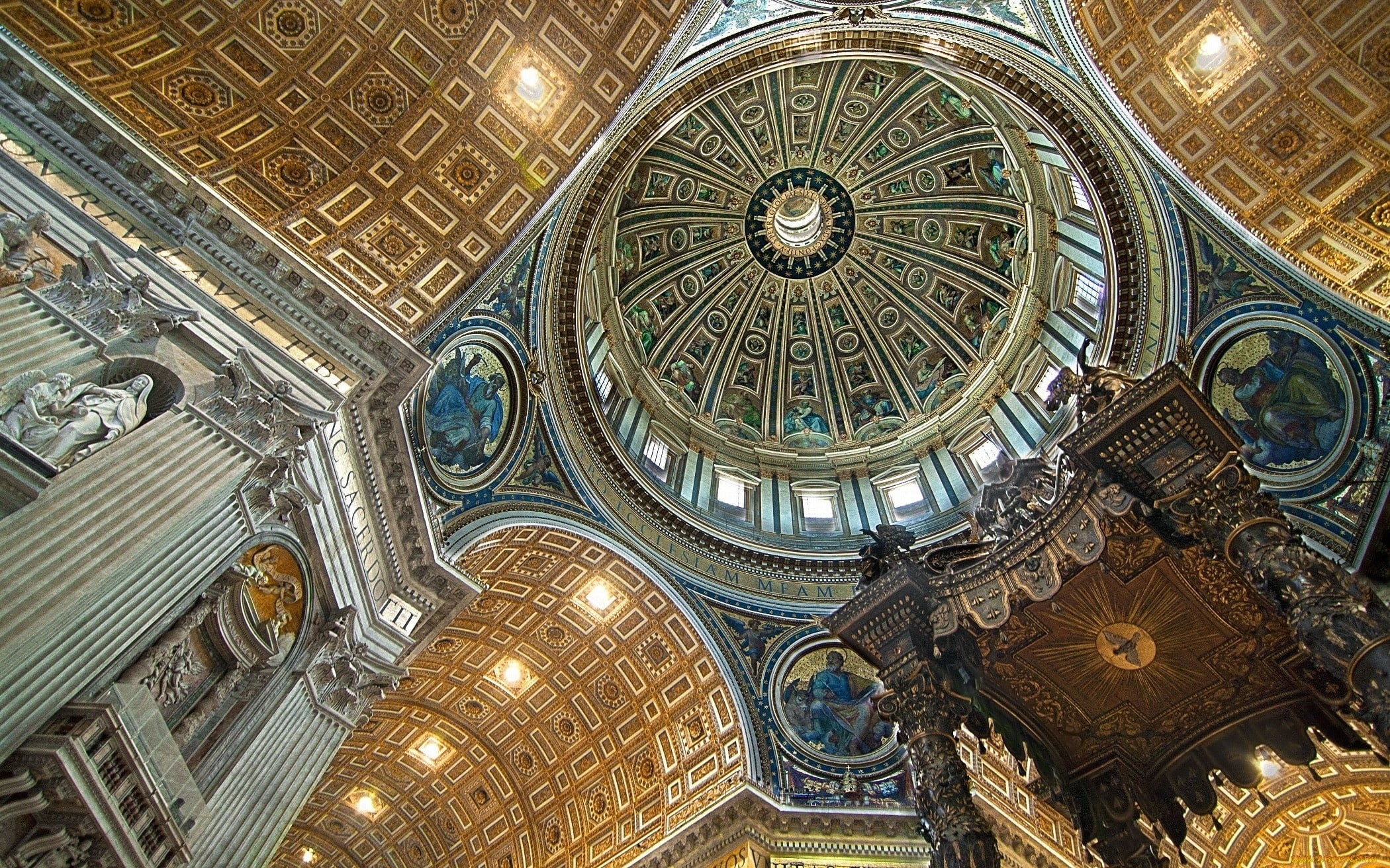 mural, ceiling, ornate, St. Peters Basilica in Rome, building, architecture, travel destinations, spirituality, architecture and art, architectural column, HD Wallpaper