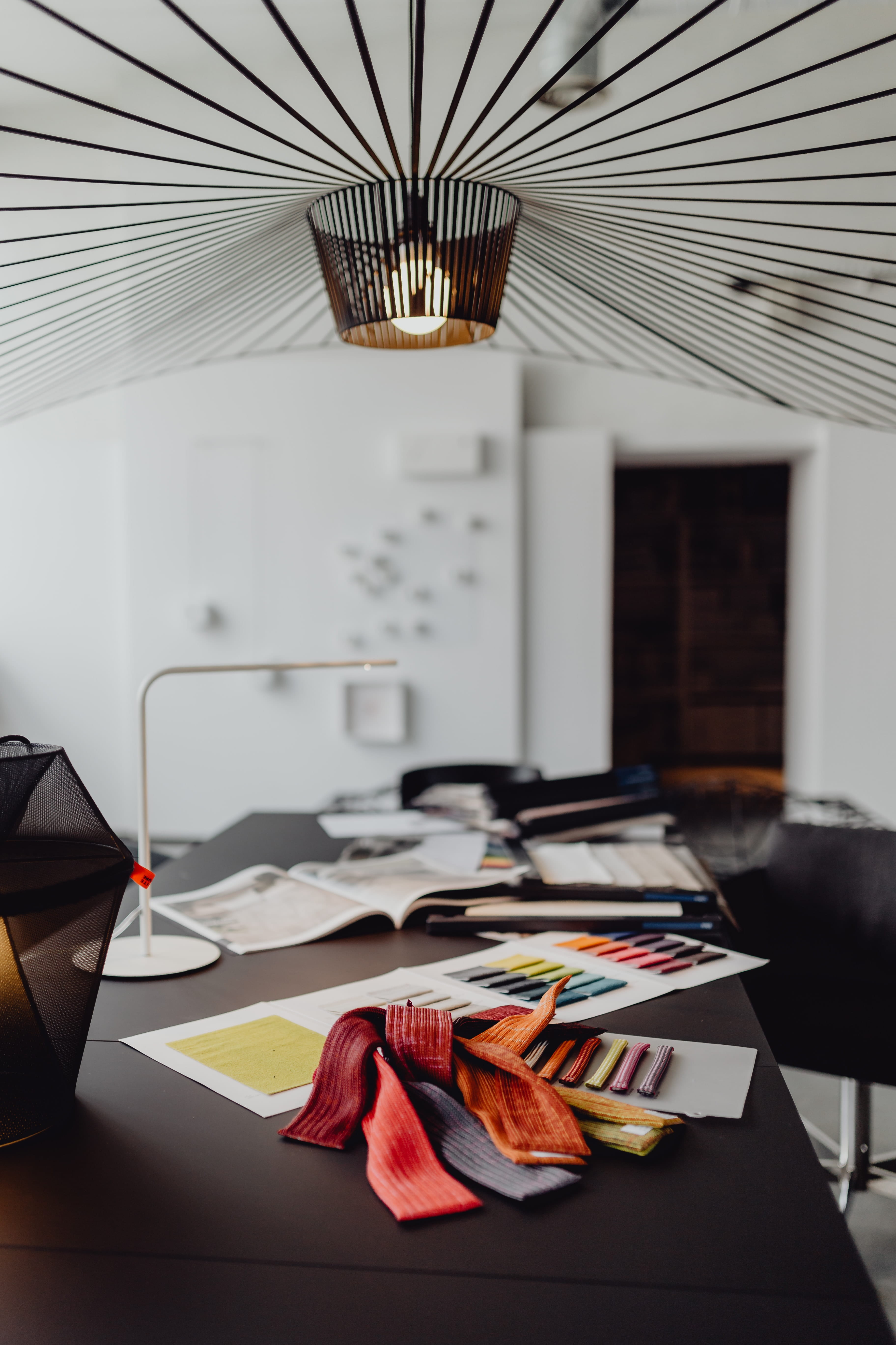 modern, architect, interior, workspace, home office, black desk, furniture, concept, business, focus on foreground, black, table, paper, home interior, Phone HD Wallpaper