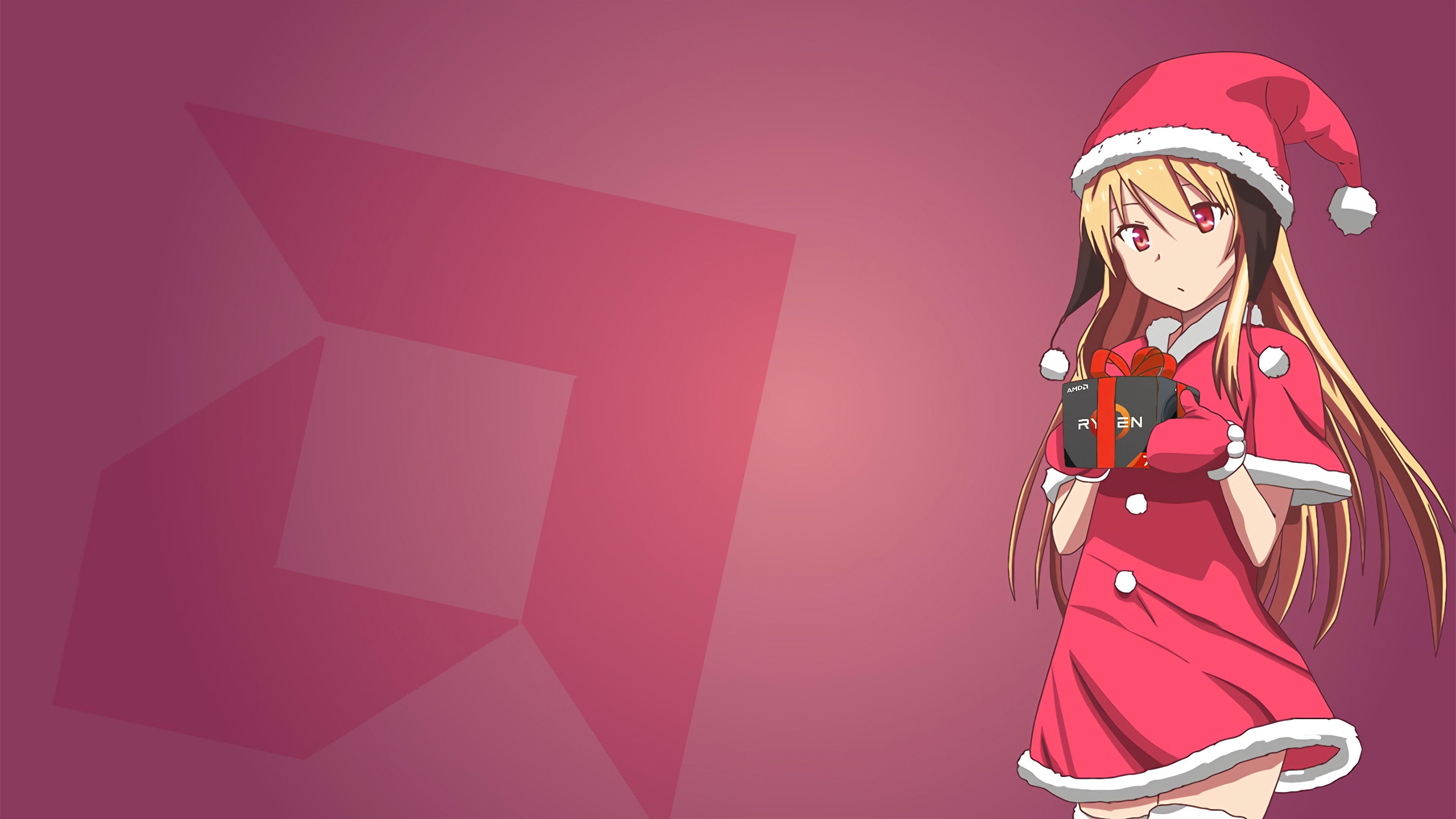 anime, Santa Hats, 4K, Hardware, Anime Girls, AMD, CPU, christmas, Presents, HD Wallpaper