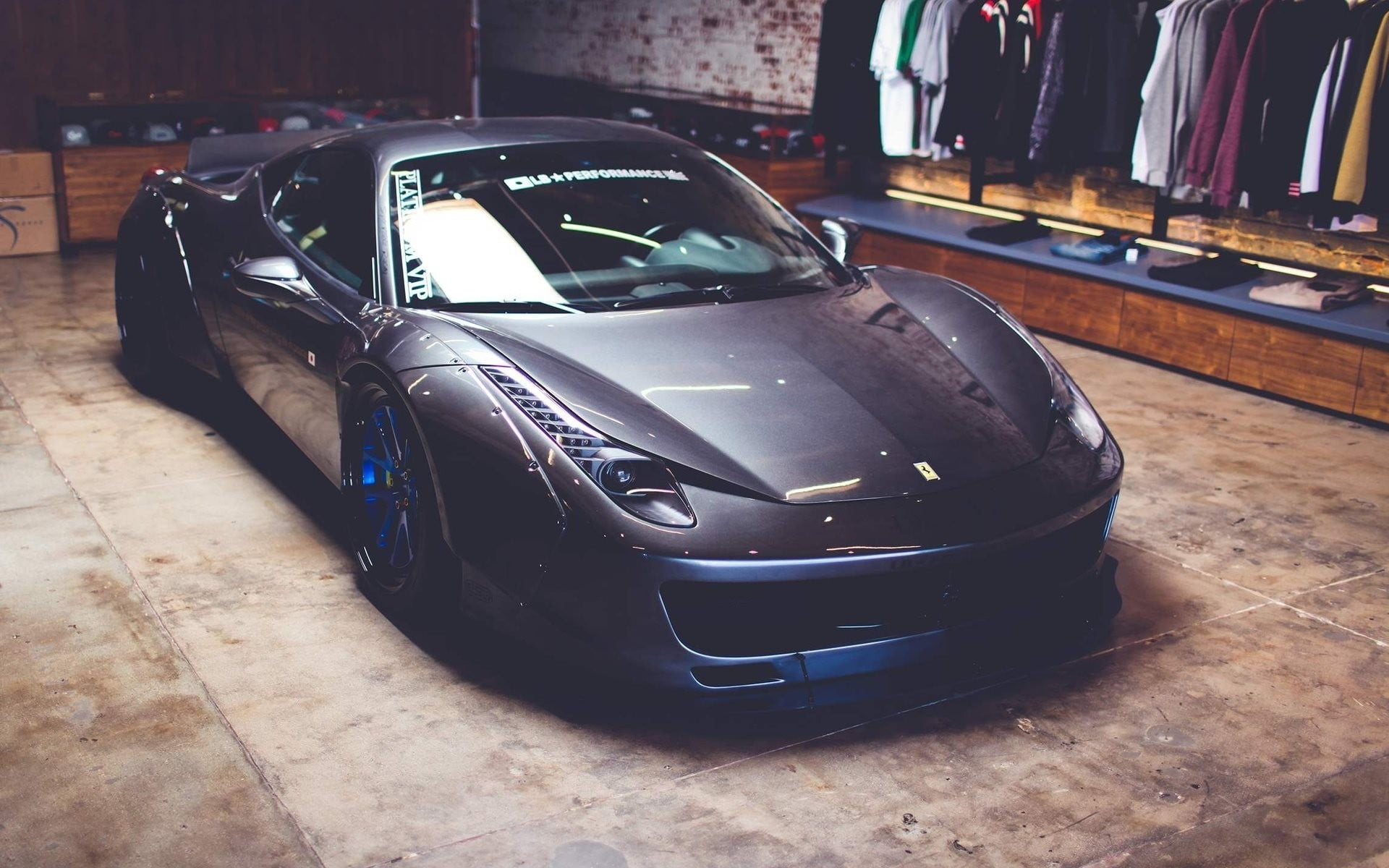day, black, garage, motor vehicle, luxury, incidental people, Ferrari 458, architecture, wealth, showroom, mode of transportation, car, focus on foreground, HD Wallpaper