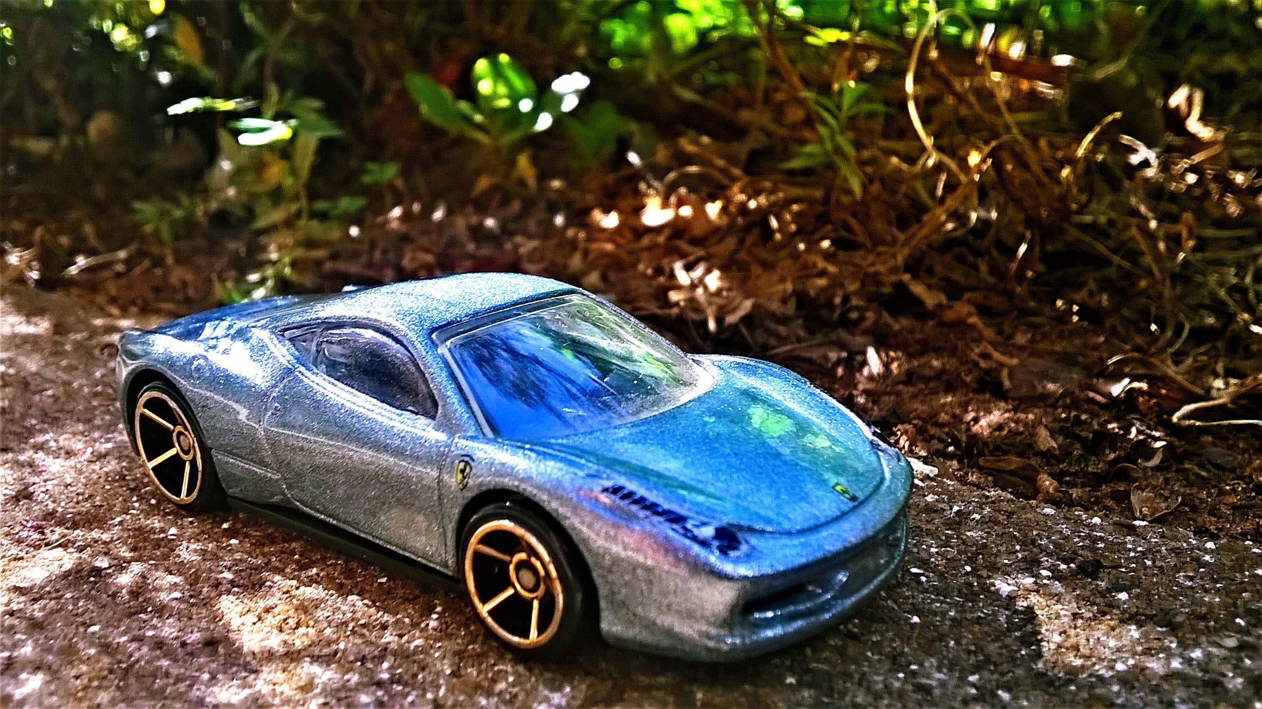 toy, Ferrari, no people, field, selective focus, 458 italia, stationary, nature, focus on foreground, mode of transportation, blue, plant, land, outdoors, HD Wallpaper