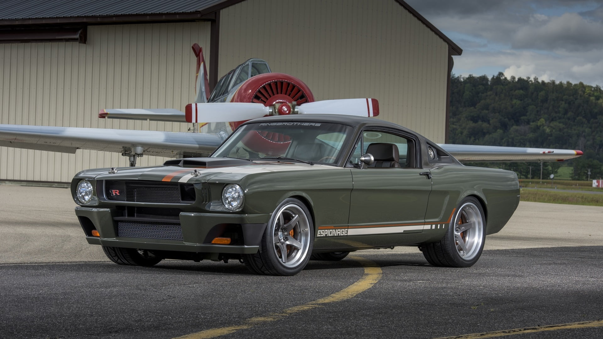 day, transportation, car, 1080P, desktop, city, road, land vehicle, mode of transportation, architecture, street, stationary, Ringbrothers  65 widebody carbon fiber  Espionage Mustang, HD Wallpaper