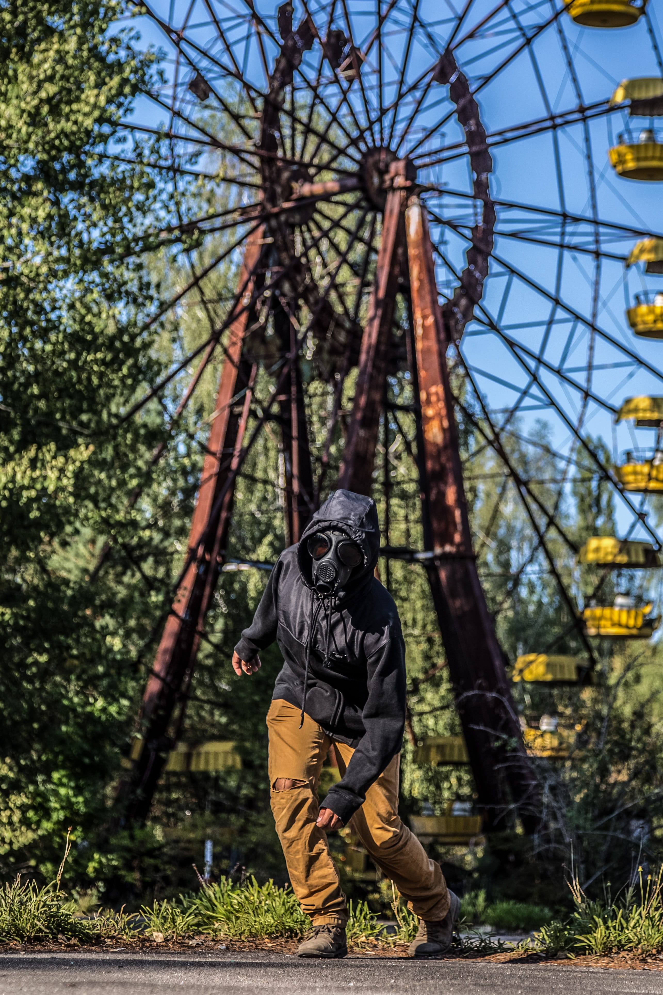 one person, nuclear power plant, tree, chernobyl, urban explorer, radiation, infested, plant, standing, clothing, sunlight, pforphoto, front view, uniform, Phone HD Wallpaper