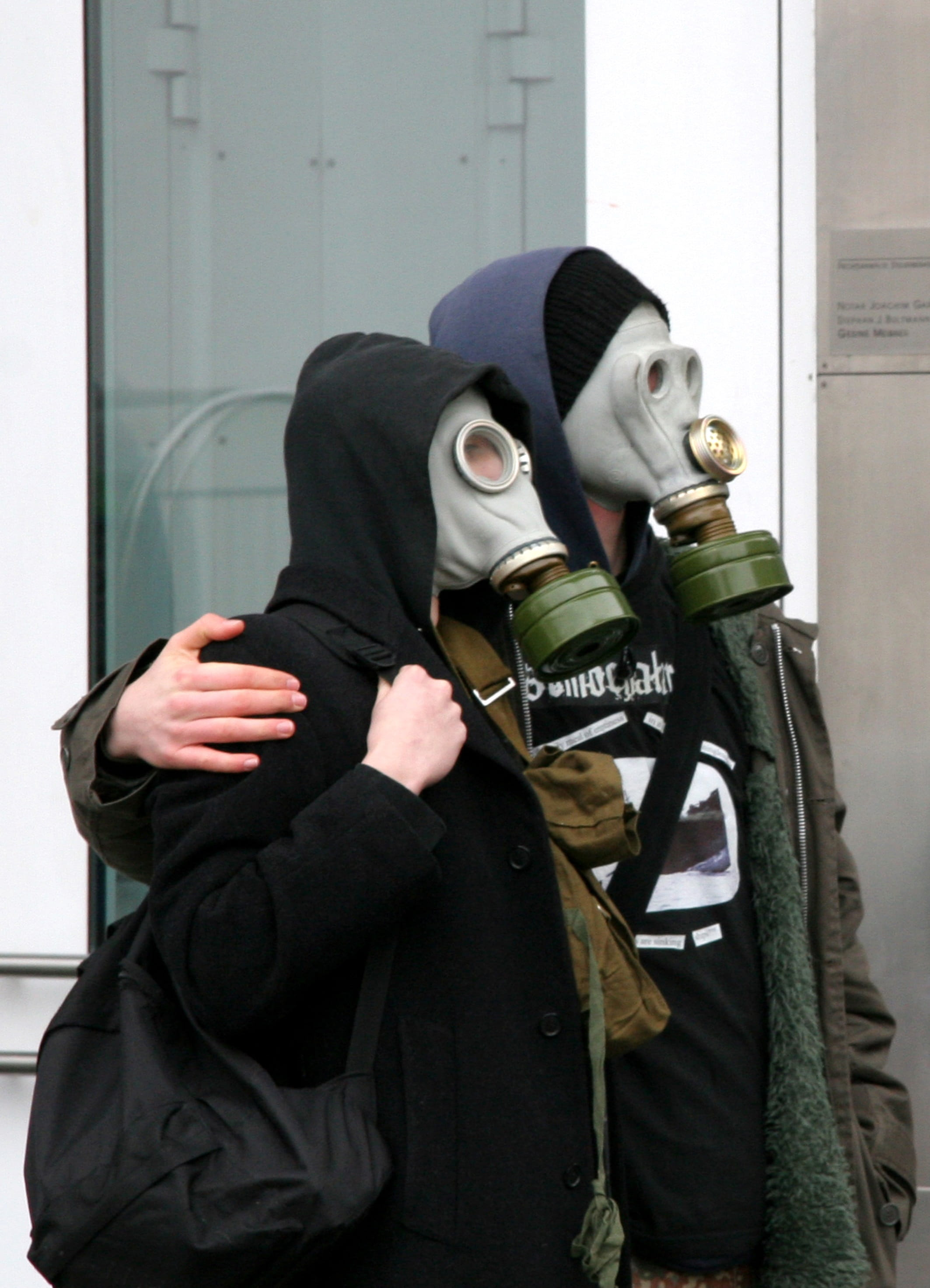nuclear accident, mask - Disguise, waist up, human representation, pollution, standing, human body part, gift, protective Mask - Workwear, two, survive, Phone HD Wallpaper