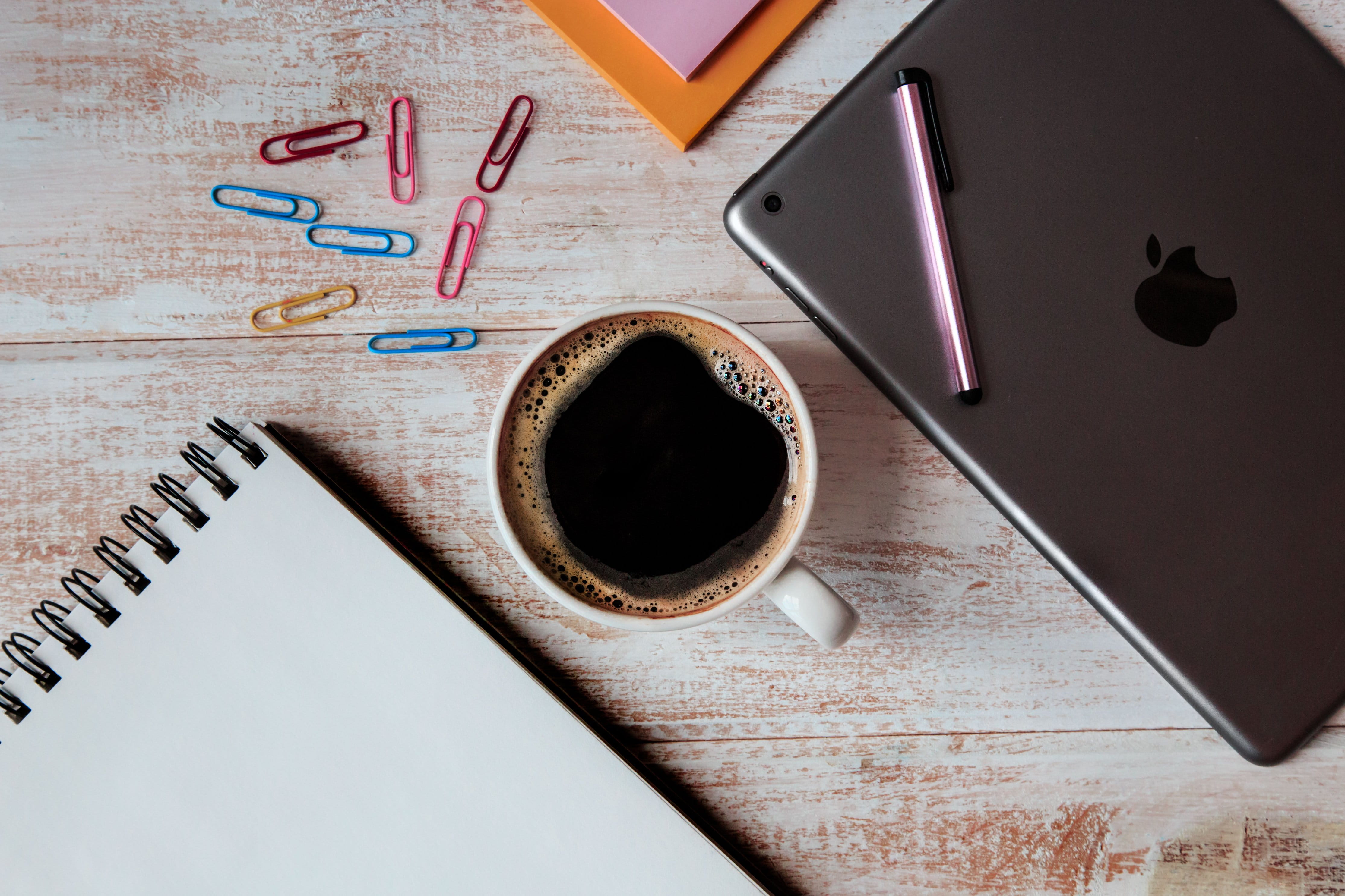 laptop, no people, work, note pad, pen, diary, mug, indoors, coffee cup, composition, ipad, book bindings, 4K, spiral notebook, office, silver, drink, HD Wallpaper