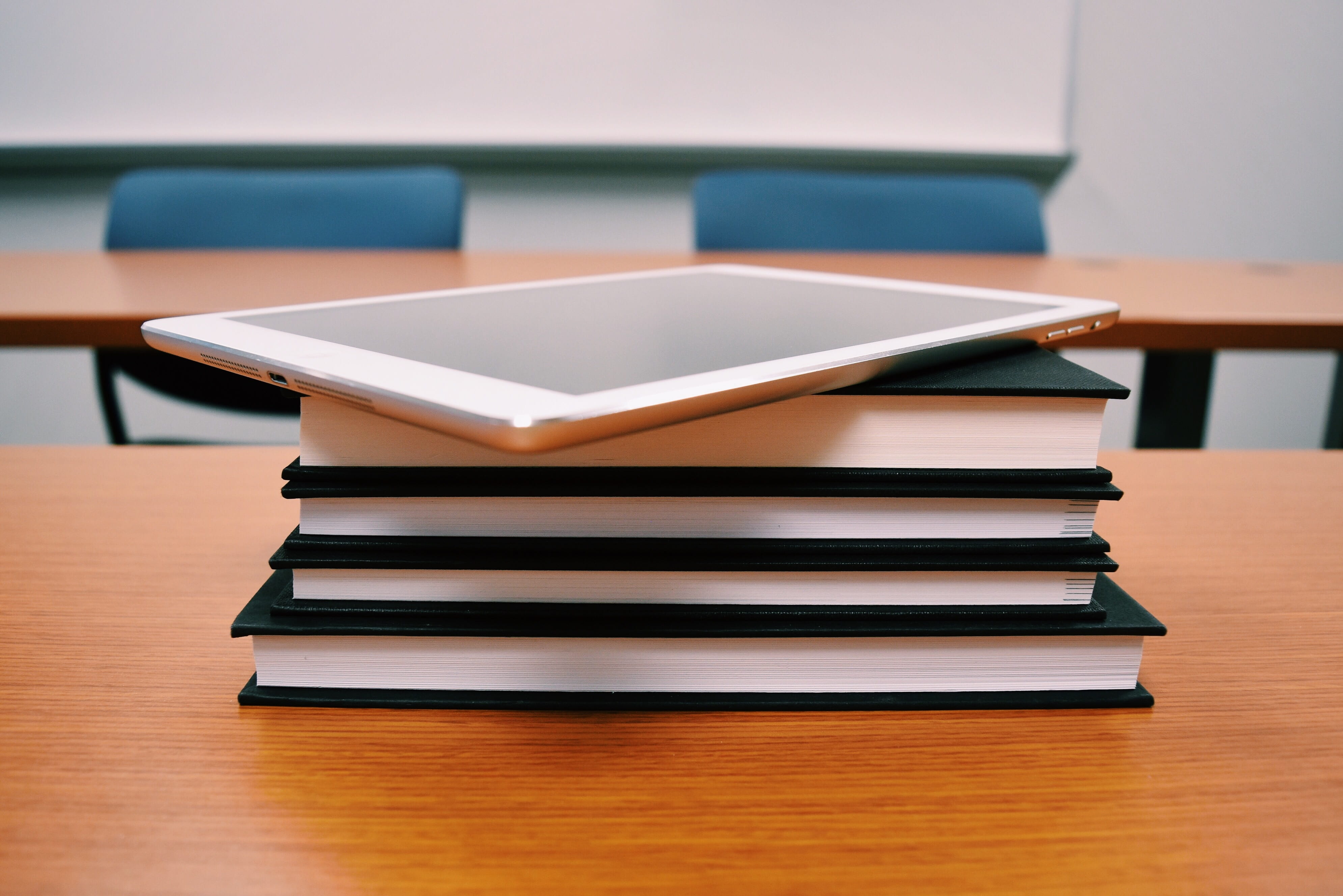 table, furniture, publication, wisdom, school, tablet, 4K, connection, literature, computer, no people, indoors, stack, learn, study, classroom, research, HD Wallpaper