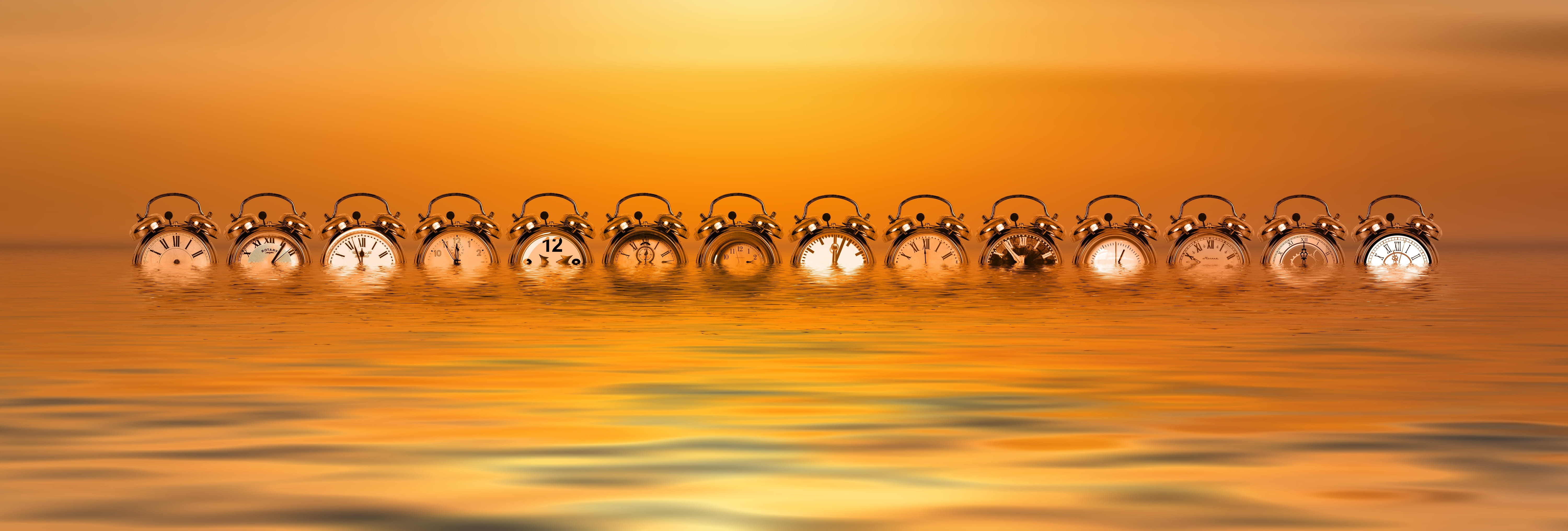 clock, tranquility, alarm, pointer, amount of time, sunset, time pressure, psychology, 5K, group of animals, connection, outdoors, orange color, water, HD Wallpaper