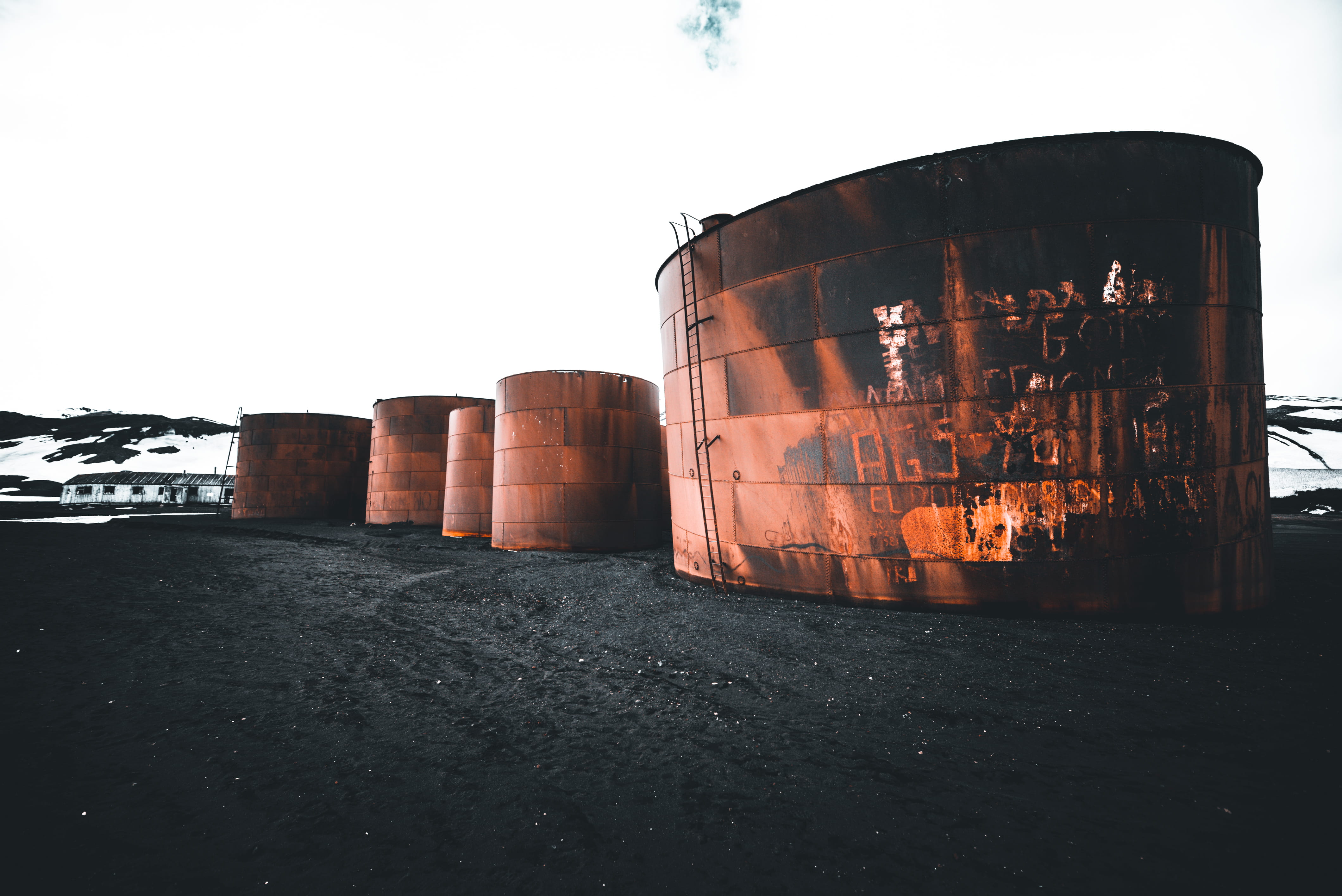lighting, industry, sky, factory, old, outdoors, back, lost place, container, antarctica, day, nature, barrel, sand, rust, whaling station, copy space, HD Wallpaper