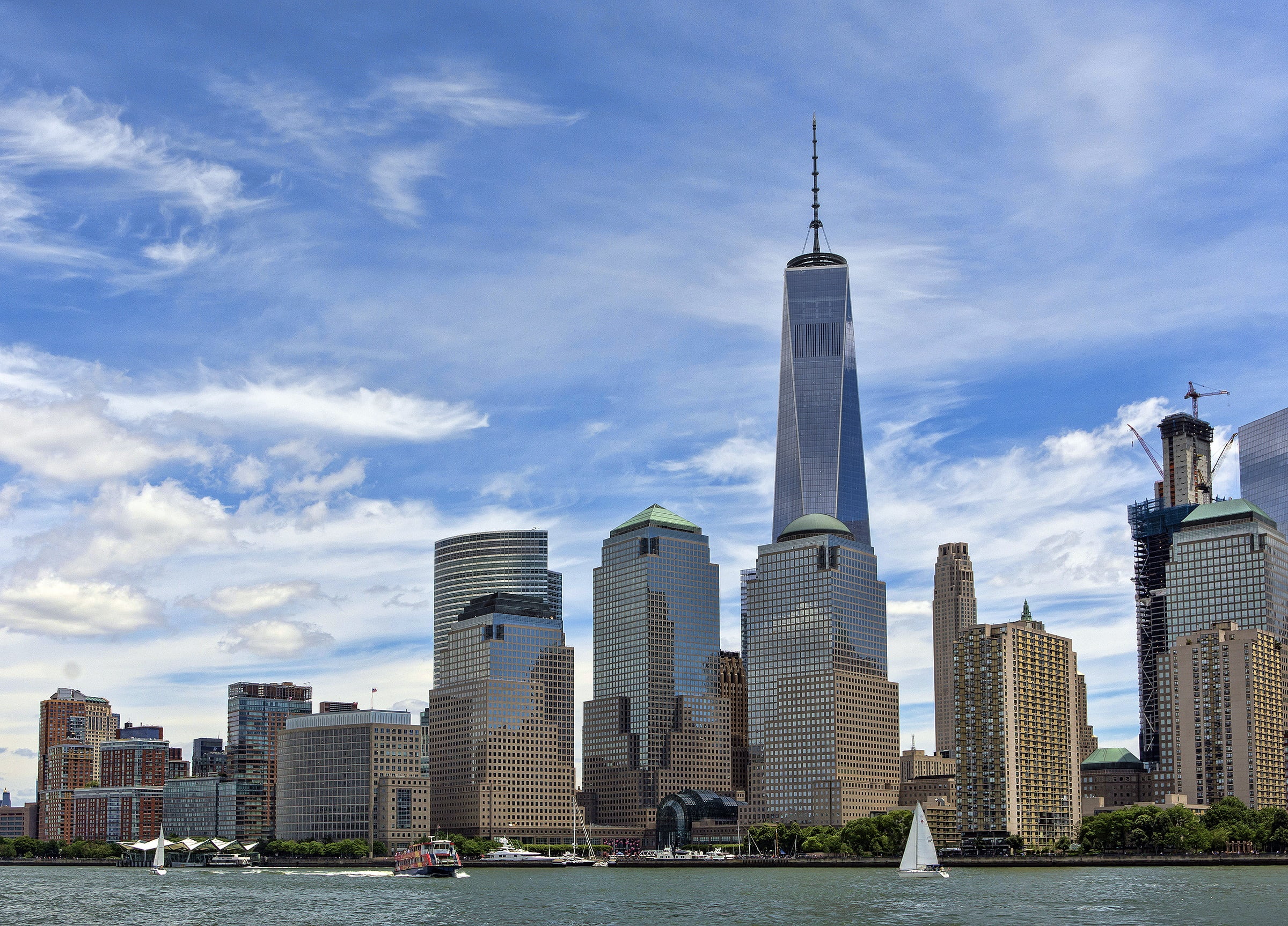 financial district, travel destinations, office, office building exterior, world trade center, famous Place, nyc, architecture, skyline, buildings, cloudy, HD Wallpaper