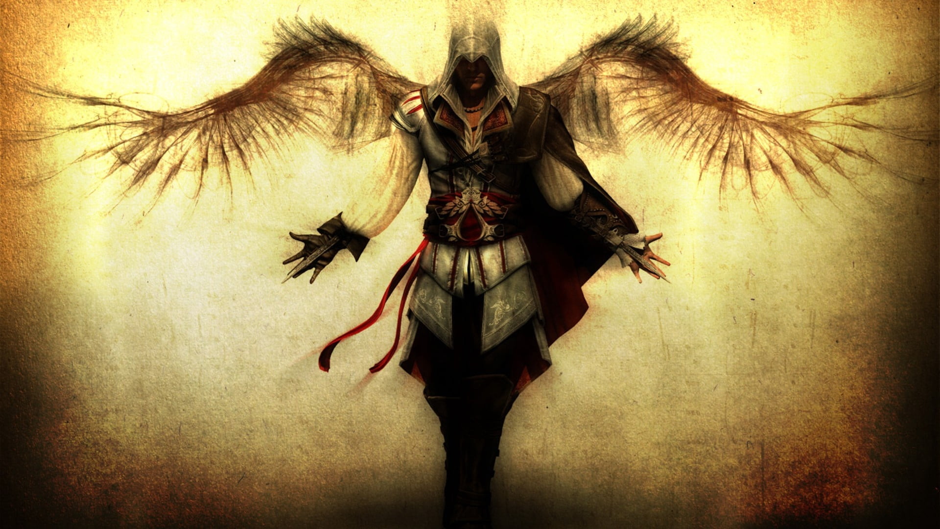hands, spooky, close-up, belief, art and craft, females, 1080P, animal wing, wings, front view, assassins creed, knifes, art, dark, creed, vignette, wall - building feature, HD Wallpaper
