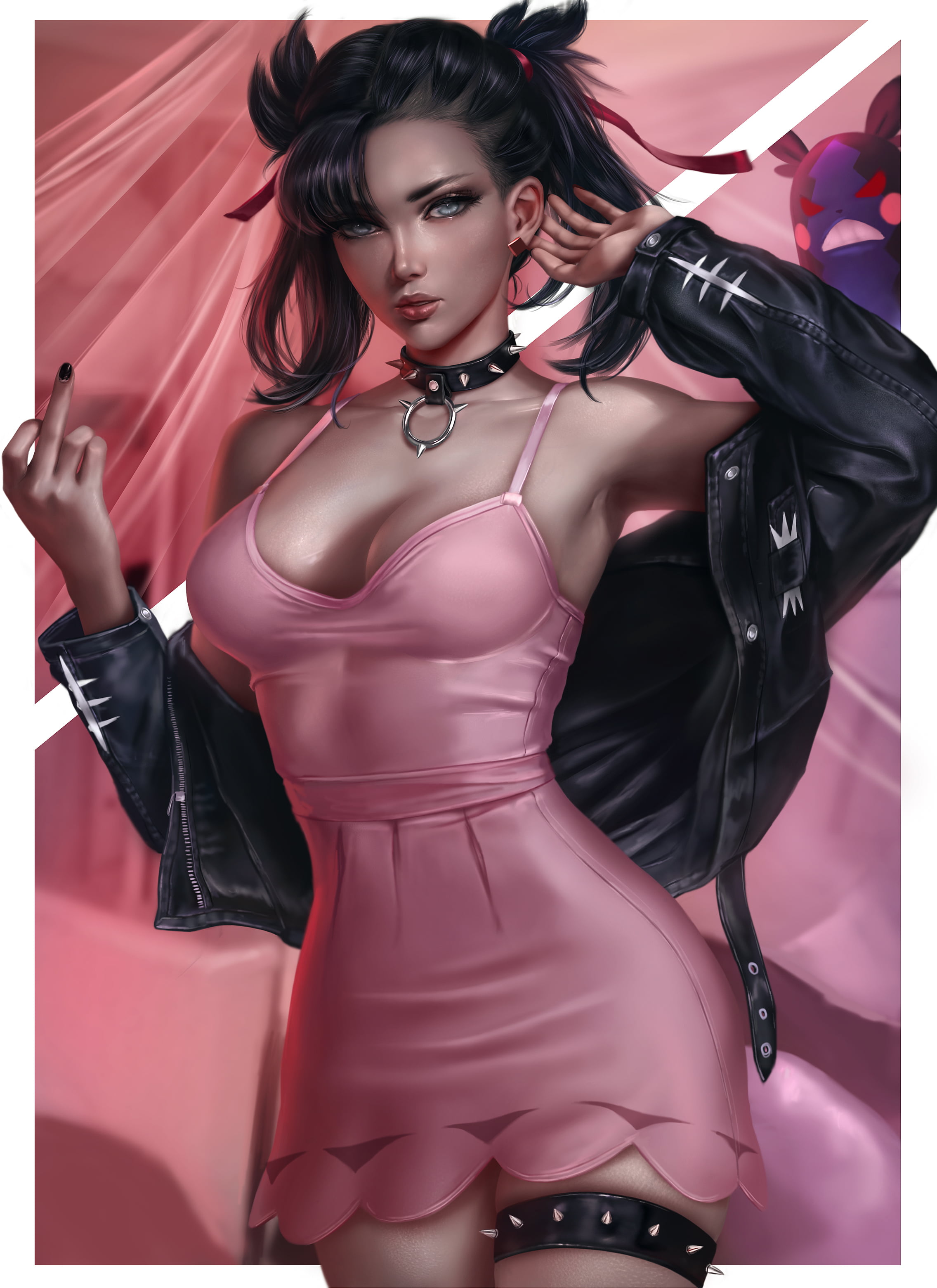 artwork, fan art, middle finger, Marnie (Pokemon), anime girls, illustration, 2K, brunette, anime, digital art, Logan Cure, Pokémon, Phone HD Wallpaper
