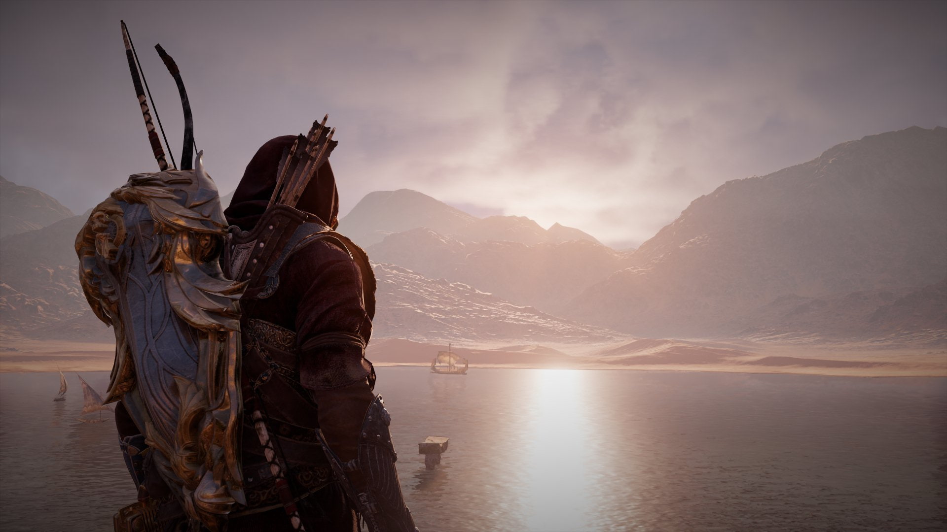 sculpture, nature, beauty in nature, Assassins Creed: Origins, representation, tranquil scene, mountain range, cloud - sky, water, Assassins Creed, tranquility, HD Wallpaper