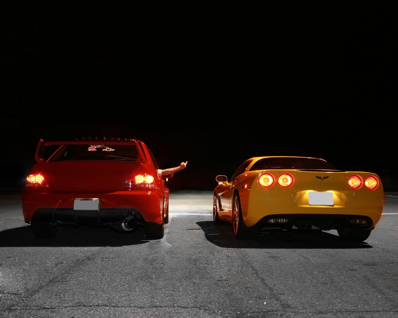 ix, lancer, hd, chevrolet, middle, art, evolution, cars, mitsubishi, red, corvette, finger, back, 720P, yellow, HD Wallpaper