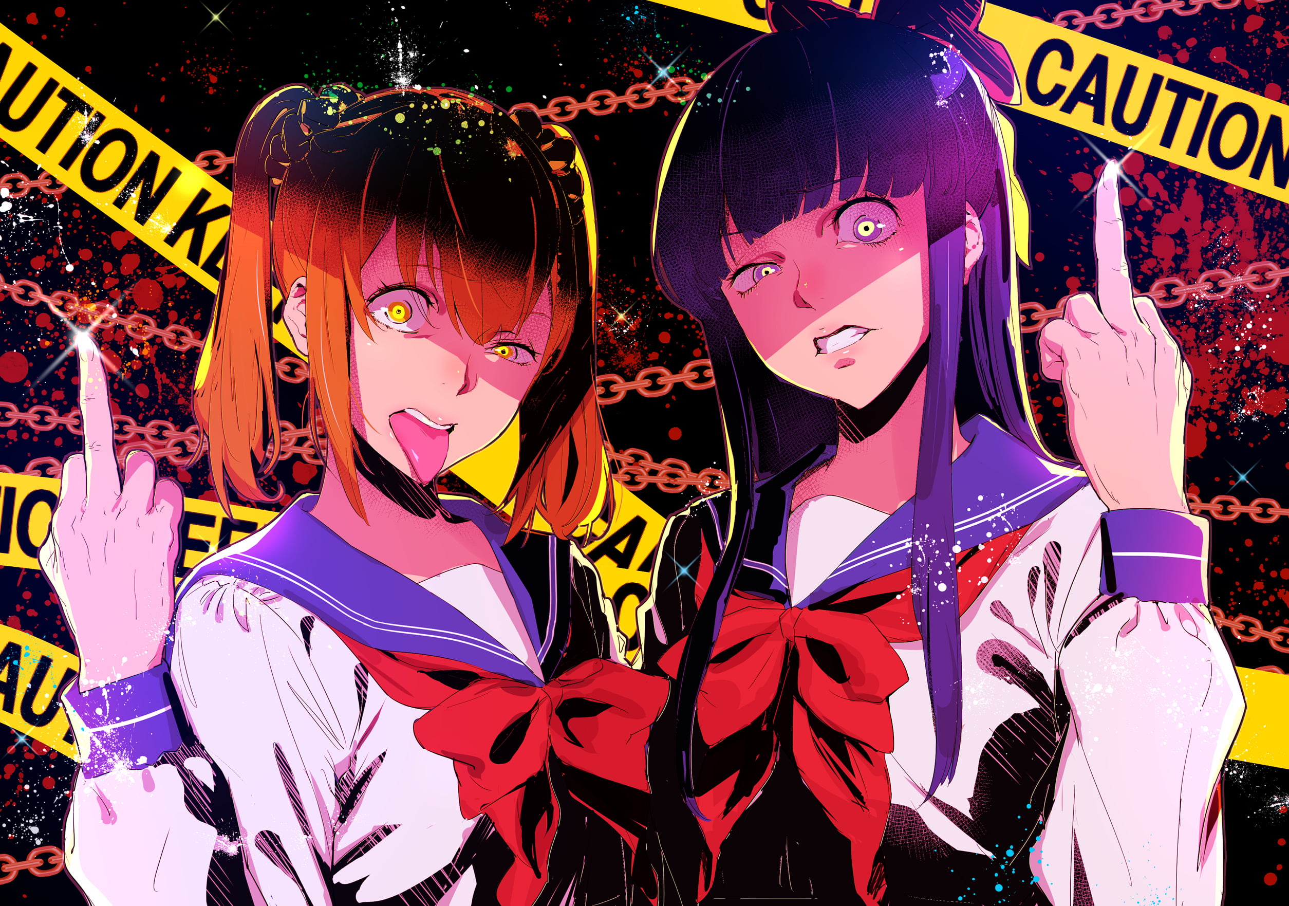 middle finger, Pop Team Epic, 1080P, purple hair, red ribbon, anime, anime girls, orange eyes, school uniform, twintails, chains, tongue out, Pipimi, warning signs, HD Wallpaper