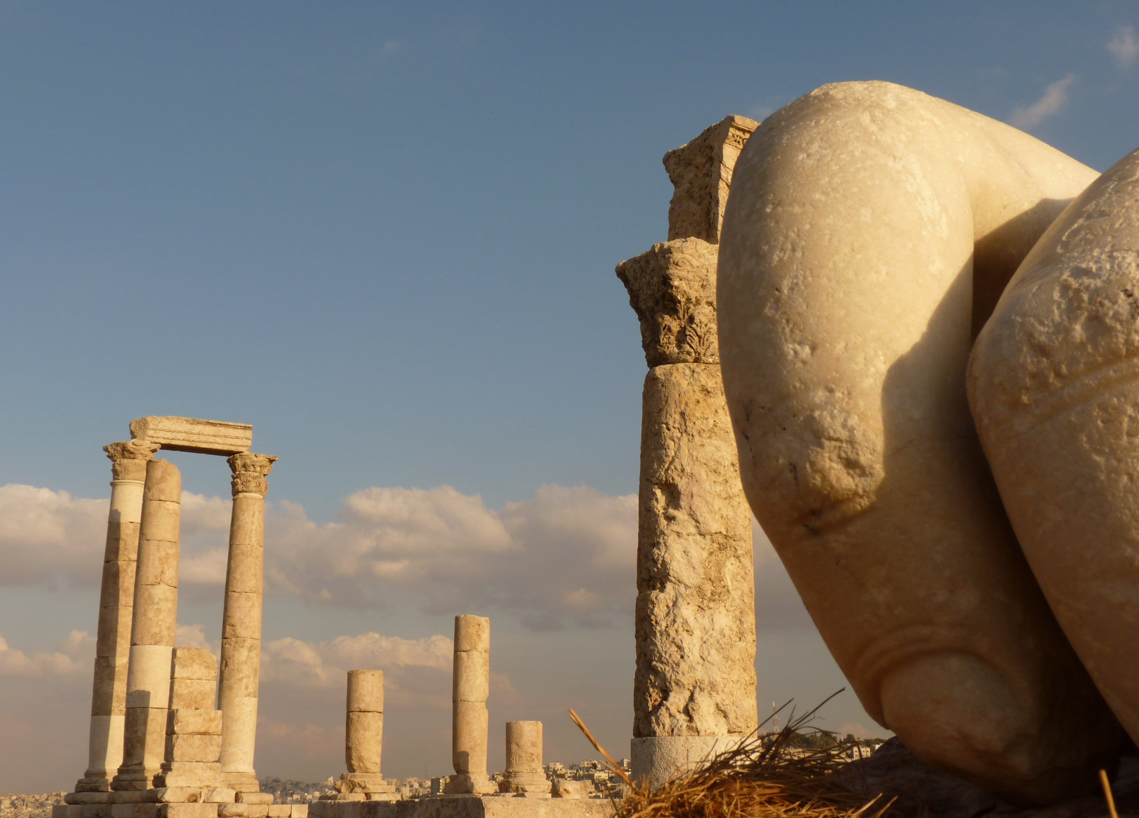citadel hill, stone, monuments, daytime, blue, white, built structure, building, finger, Citadel Hill, Jordan, stone Material, place of worship, Amman, HD Wallpaper