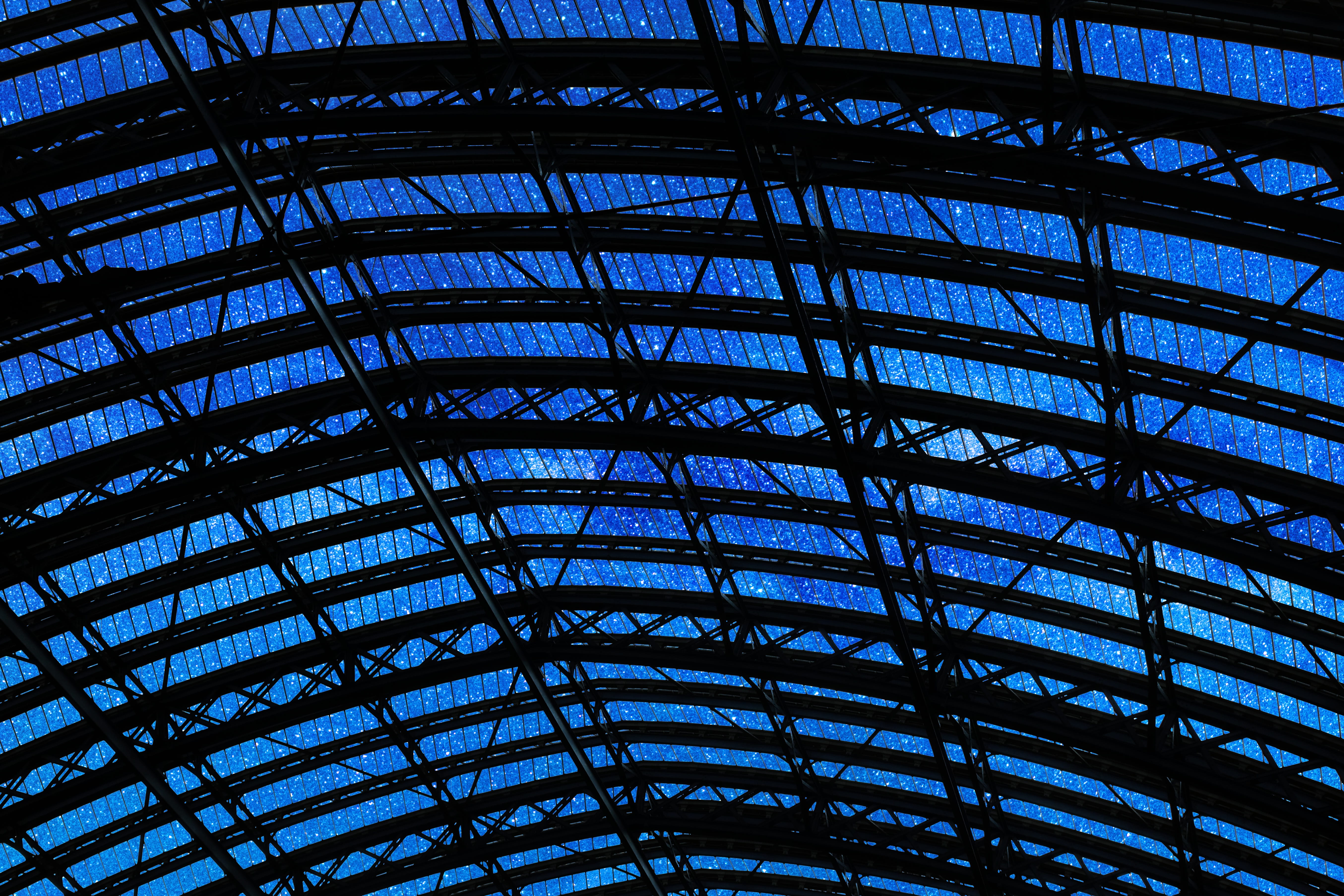 no people, railway, heaven, station, 5K, lattice, nature, starry, modern, ceiling, truss, structure, glass - material, sky, universe, roof, victorian, HD Wallpaper