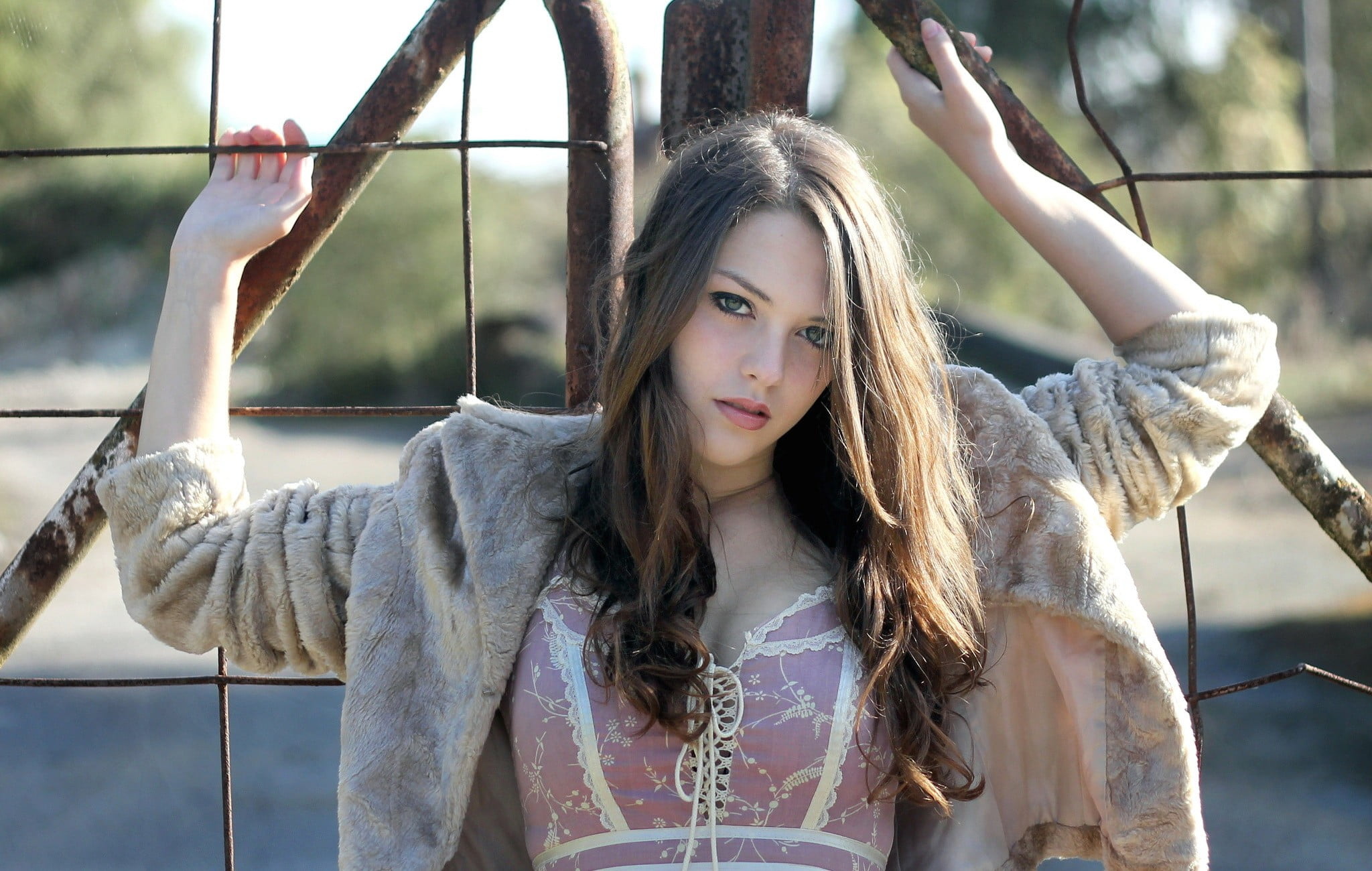 beautiful woman, waist up, day, front view, face, focus on foreground, green eyes, portrait, arms raised, human arm, model, long hair, innocence, lifestyles, HD Wallpaper