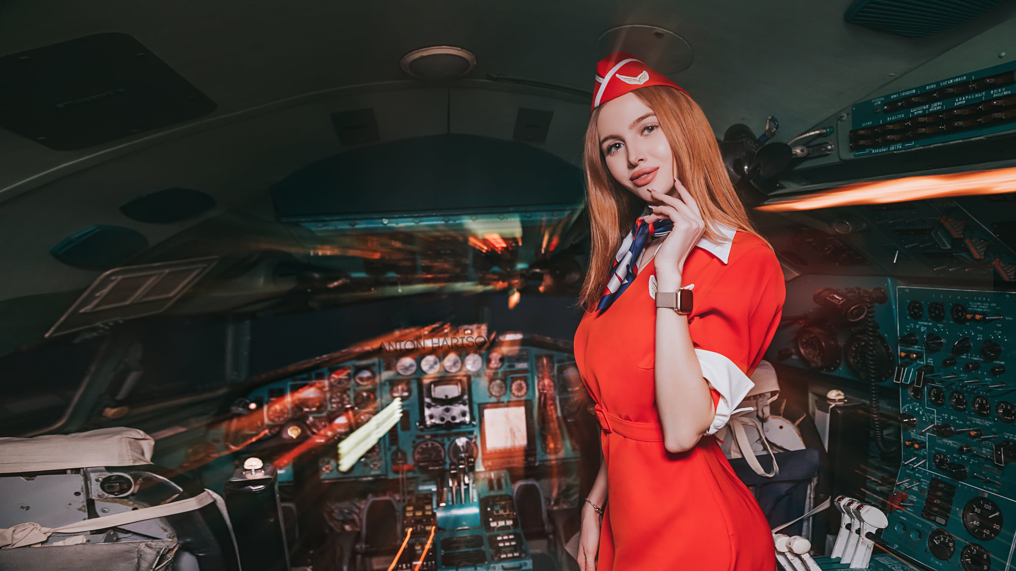 Fotoshi Toshi, looking at viewer, brunette, Anton Harisov, watch, smiling, juicy lips, dress, touching face, 1080P, red dress, cockpit, stewardess, portrait, HD Wallpaper