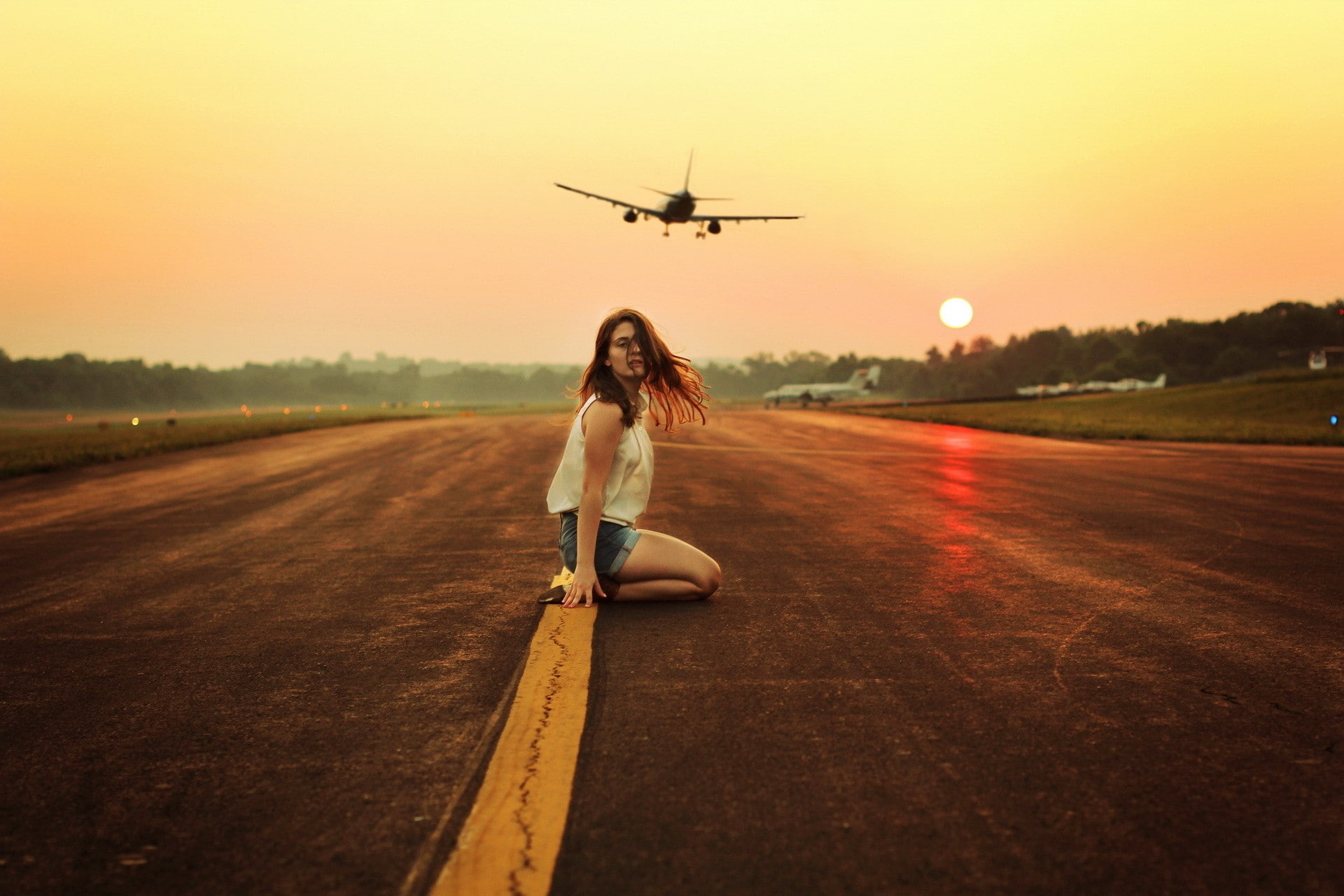 kneeling, model, airplane, women, sunset, 1080P, HD Wallpaper