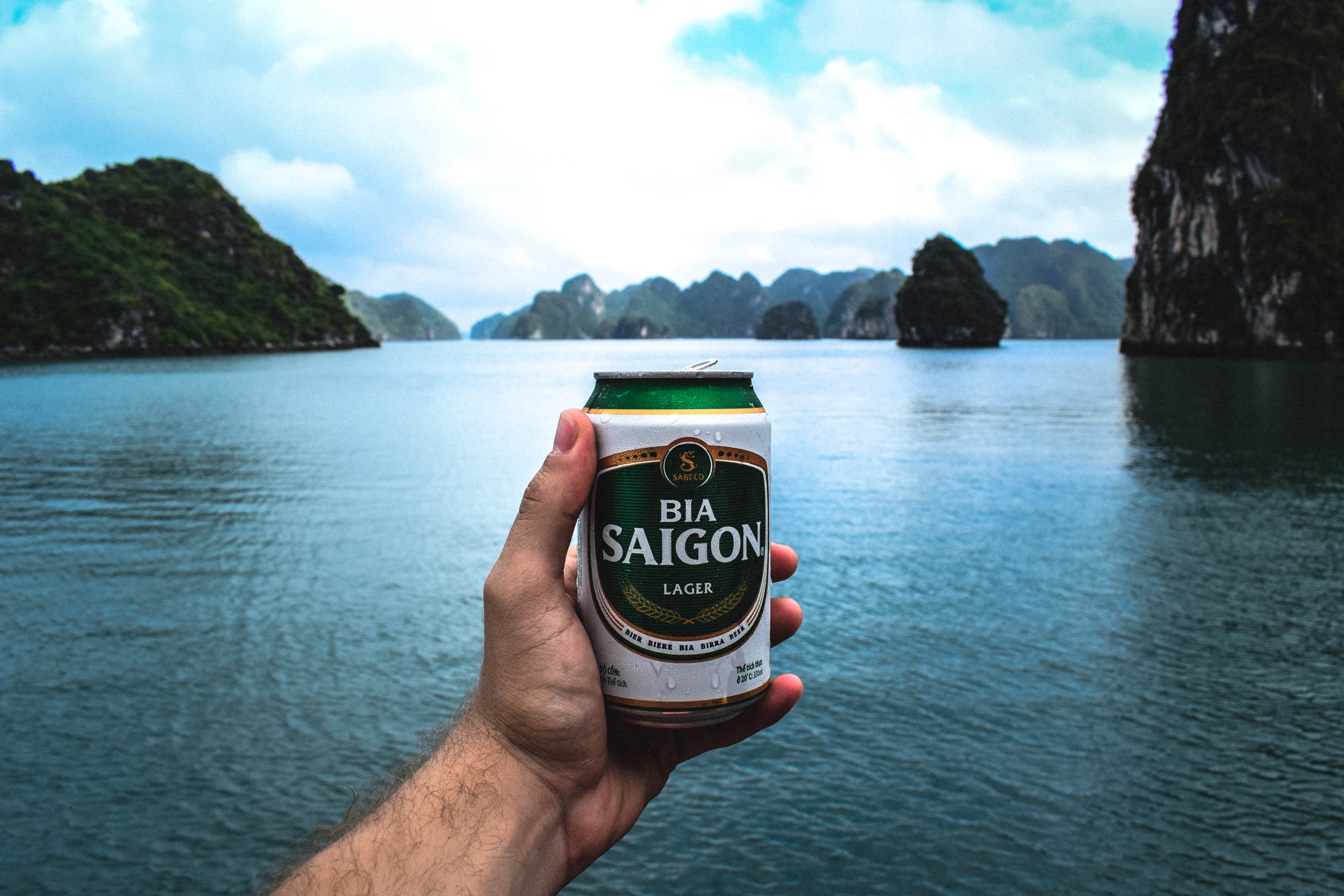 scenics - nature, aluminium, text, day, sky, vietnam, drink, one person, halong bay vietnam, person, nature, alcohol, cave, tin, mountain, cove, 5K, hand, HD Wallpaper