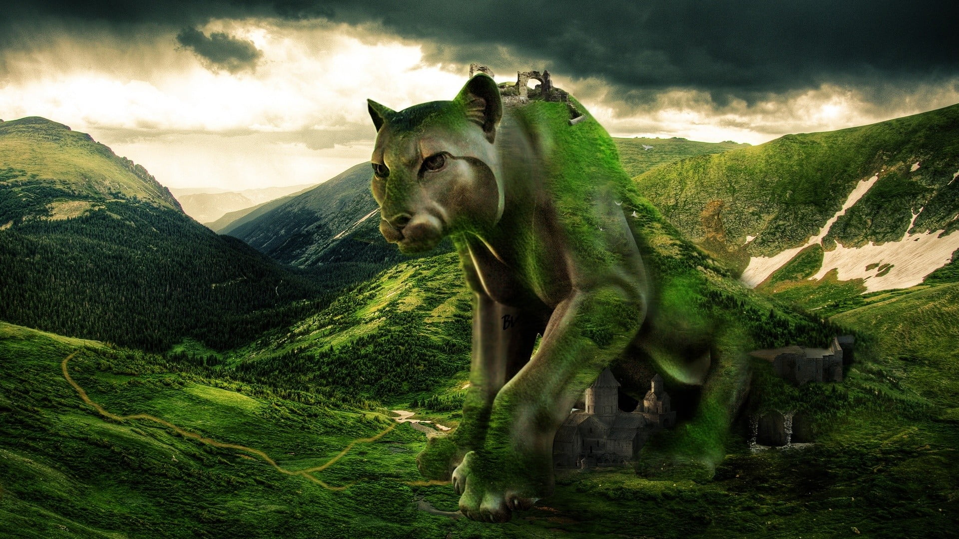 mountain, cloud - sky, outdoors, plant, temple, mammal, domestic animals, animal wildlife, vertebrate, animal, environment, no people, scenics - nature, HD Wallpaper