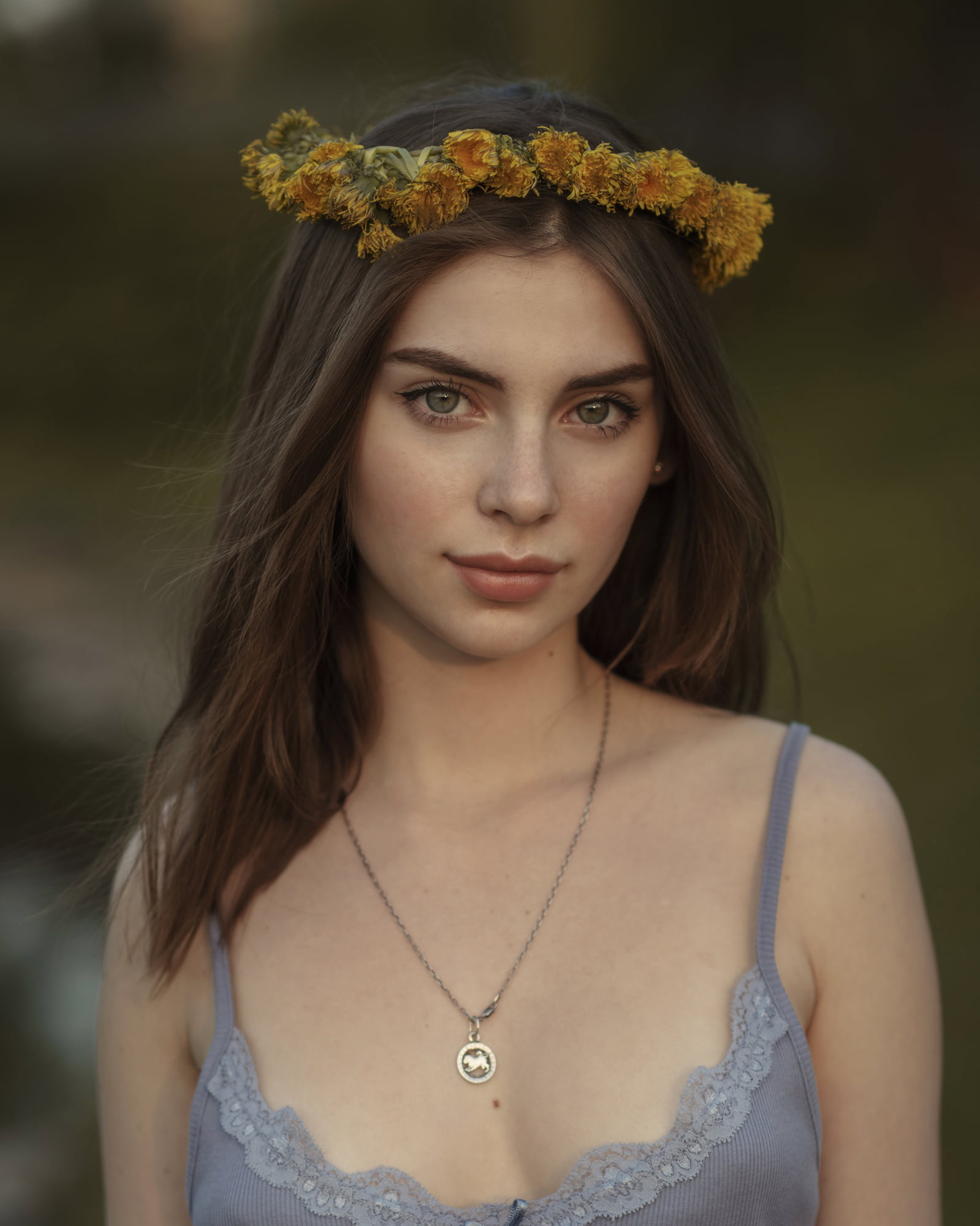 looking at viewer, brunette, portrait display, tank top, bokeh, photography, green eyes, flowers, face, necklace, women outdoors, 1080P, Irina Sivalnaya, Phone HD Wallpaper