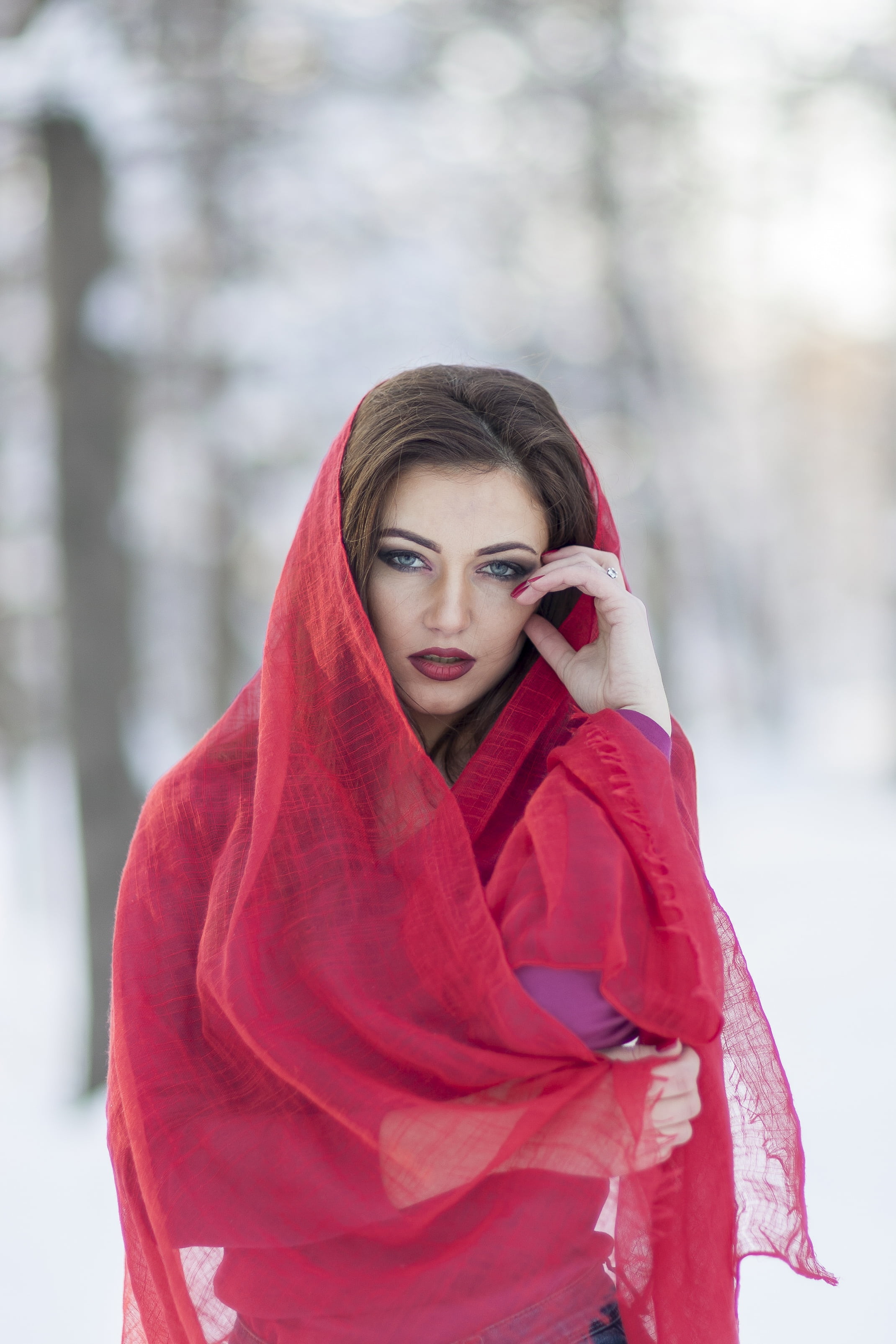 real people, 2K, face, lifestyles, glamour, style, snow, girl, front view, females, red, adult, young Adult, portrait, focus, standing, lady, looking at camera, Phone HD Wallpaper