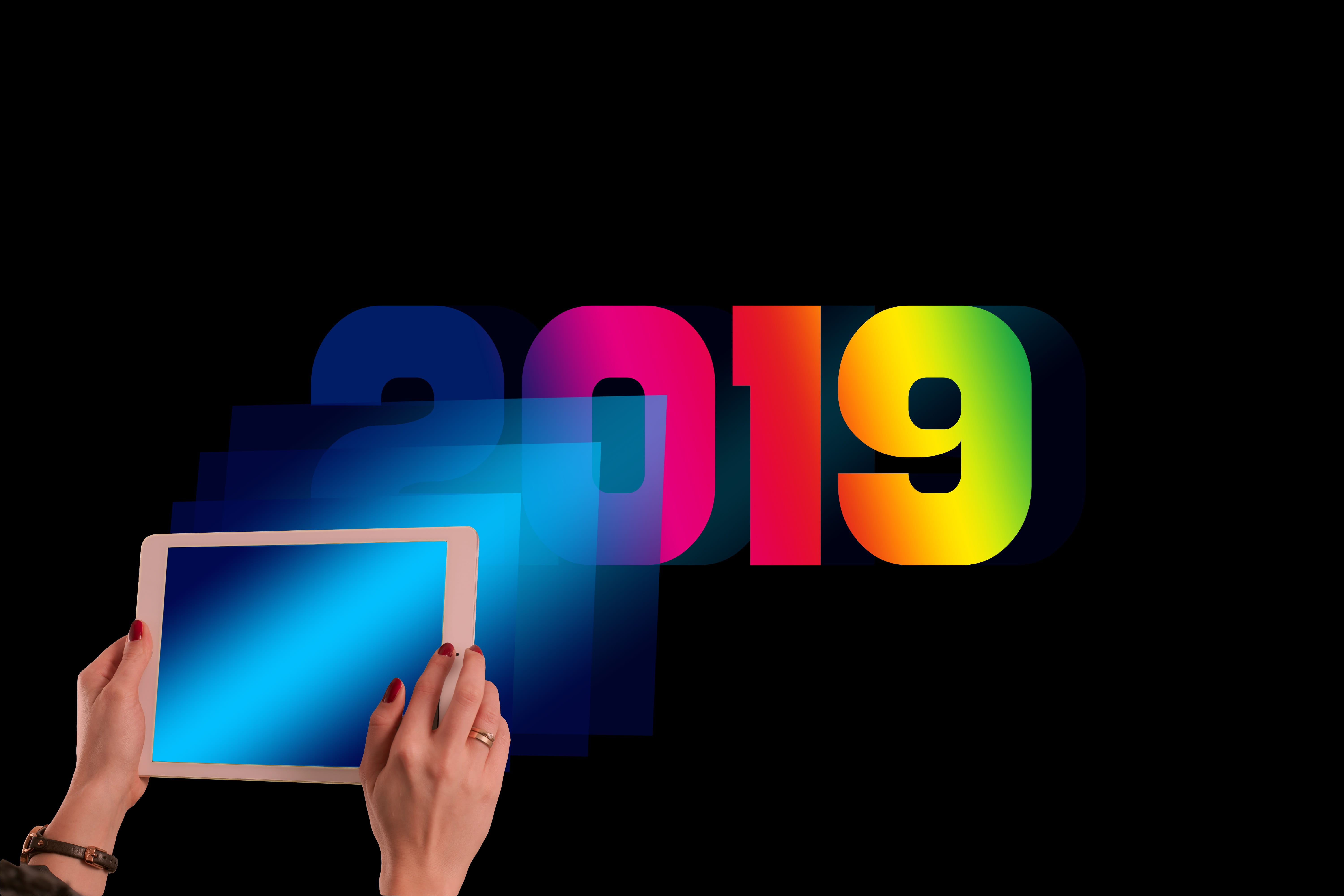 tablet, hand, new years day, human hand, kaufmann, start, technology, copy space, global communications, black background, touch screen, one person, illuminated, HD Wallpaper
