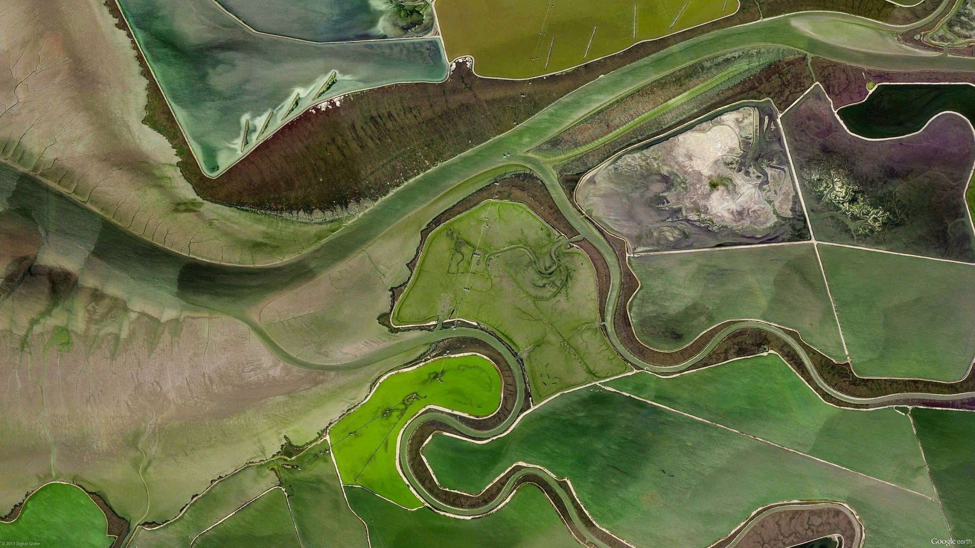 agriculture, tranquility, pattern, 1080P, green color, water, non-urban scene, nature, aerial view, beauty in nature, no people, field, day, plant, rural scene, HD Wallpaper