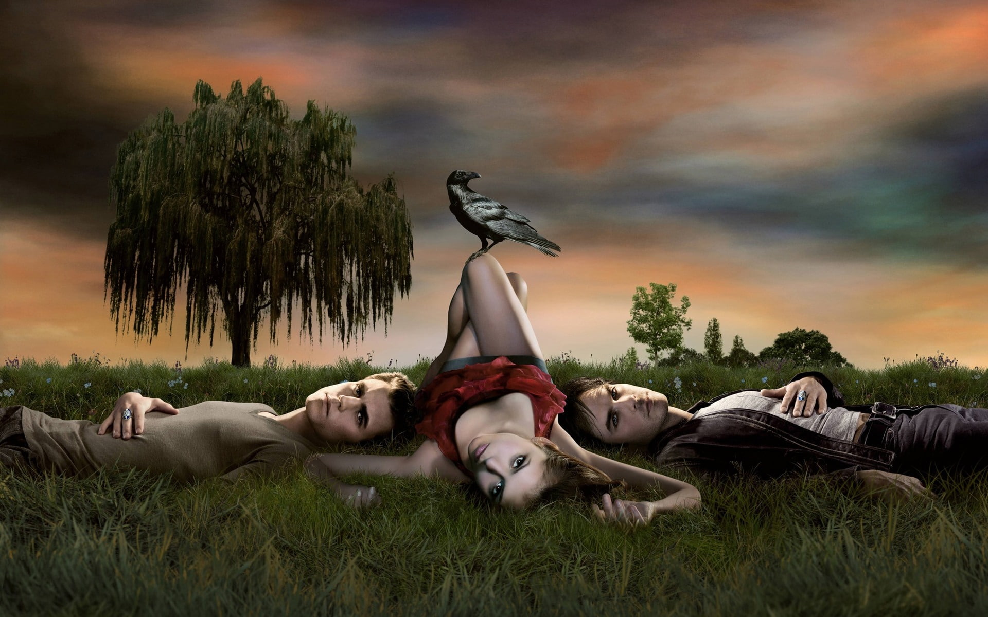 people, sky, real people, full length, 1080P, lying on back, tv, 2010, lying down, sunset, young men, nature, Vampire, relaxation, plant, tree, cloud - sky, HD Wallpaper