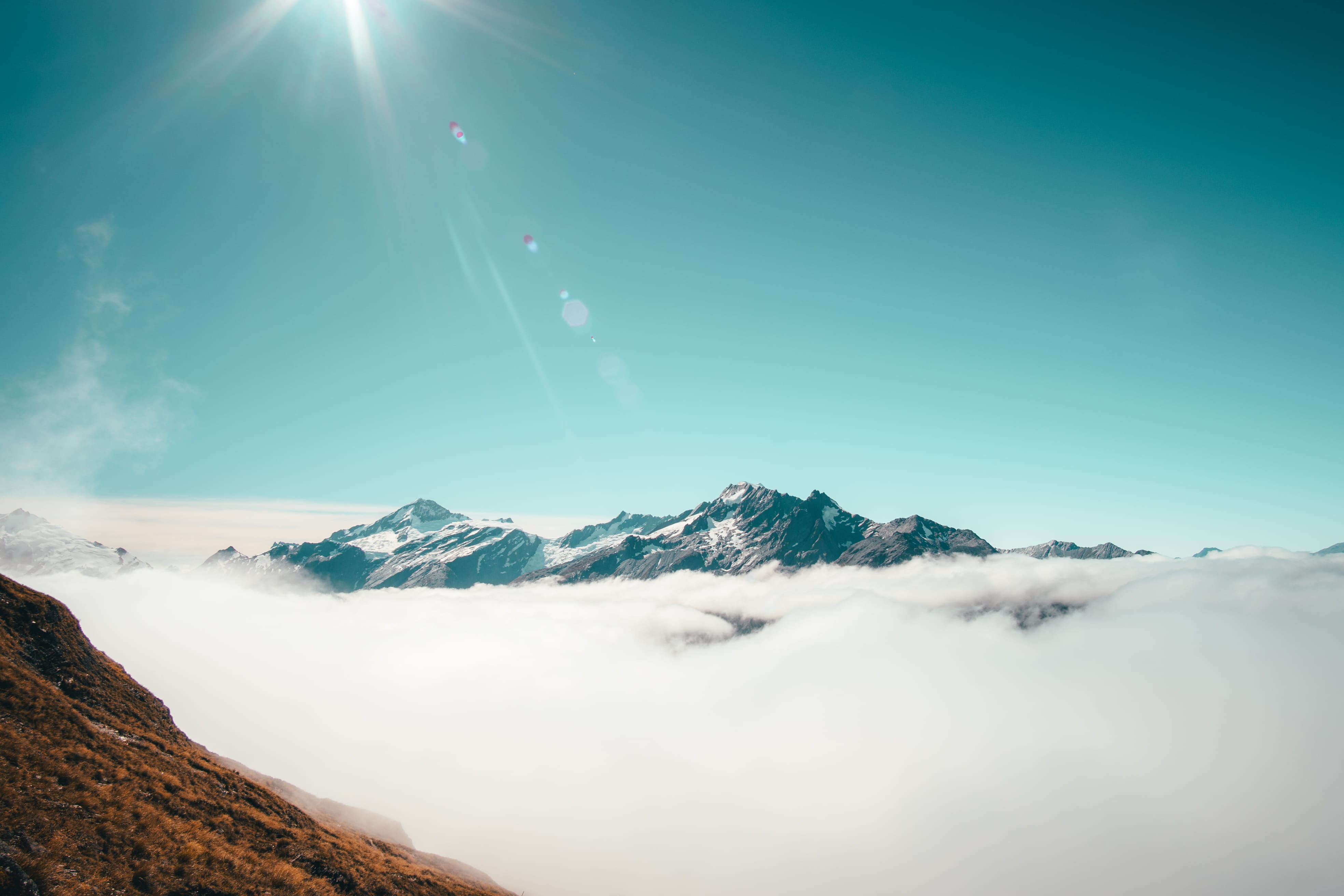 alps, mountain peak, south island, horizon, lens flare, clouds, sunbeam, mountain, tranquil scene, glacier, scenics - nature, new zealand, mist, snowcapped mountain, HD Wallpaper