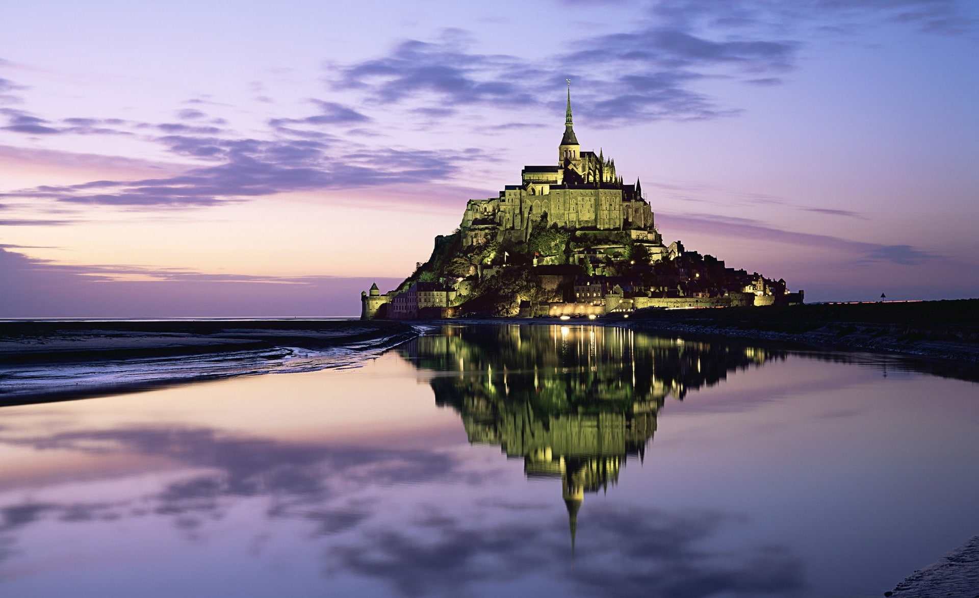 abbey, mont, building, France, waterfront, built structure, spirituality, architecture, nature, dusk, building exterior, no people, sky, normandy, mont saint michel, HD Wallpaper