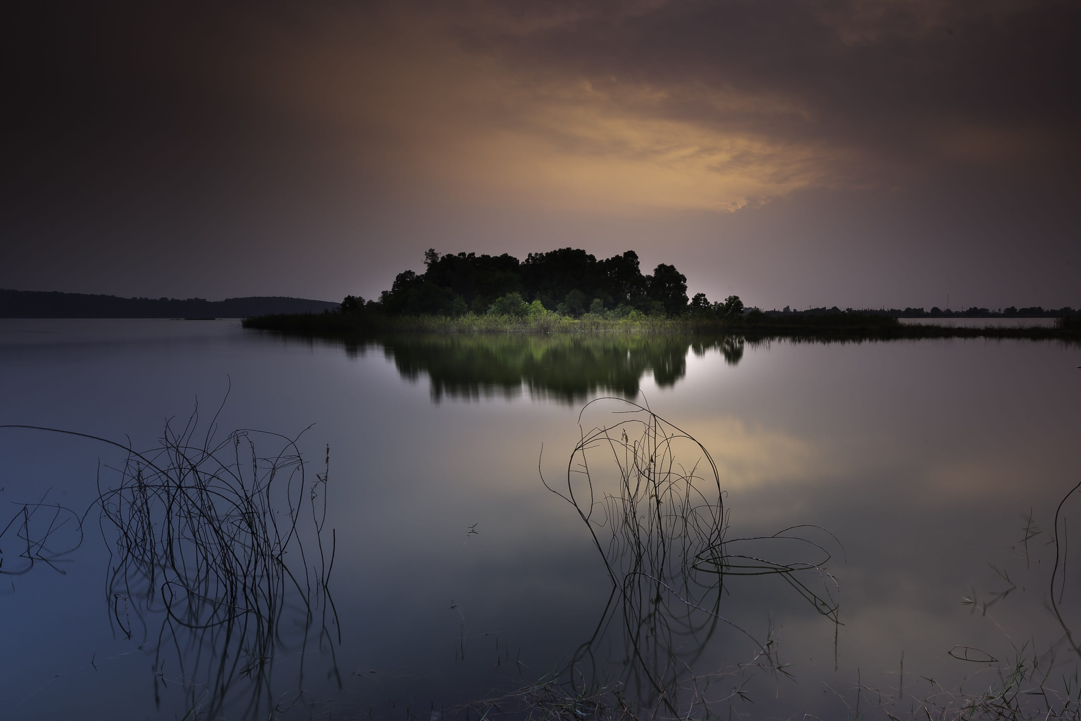 grass, scenics - nature, cloud - sky, nobody, beauty in nature, twilight, tranquil scene, small island, outdoors, sun, lake, tropical climate, plant, soi ball, HD Wallpaper