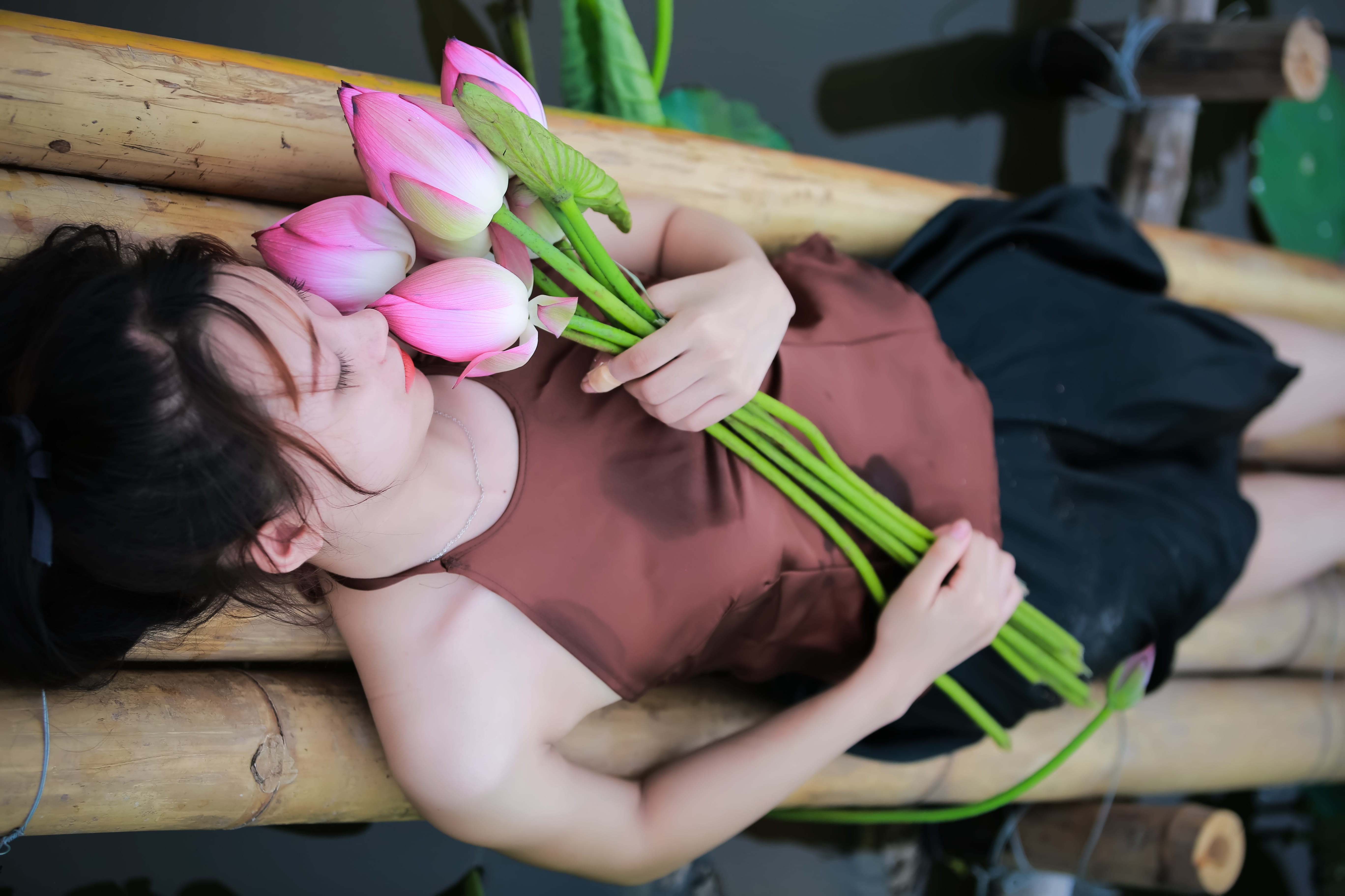 casual clothing, bamboo, young adult, lotus flowers, 5K, lying, flowering plant, sitting, flowers, real people, hoa dep, flower, lotus, vietnam, girl, HD Wallpaper