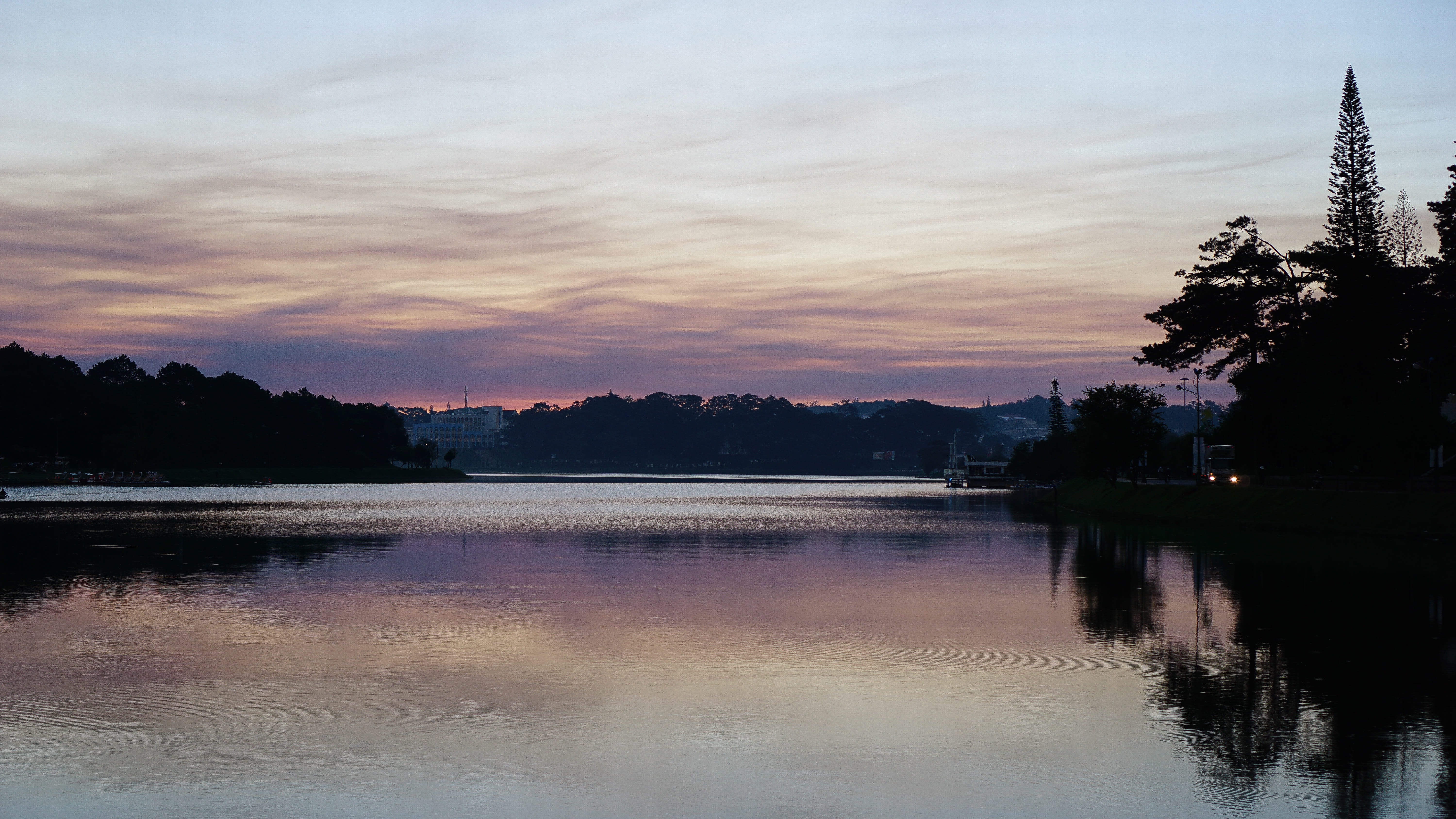 sunset, tree, reflection, reflection lake, cloud - sky, no people, silhouette, waterfront, travel, Outdoor, Landscape, dusk, dawn, travel destinations, HD Wallpaper