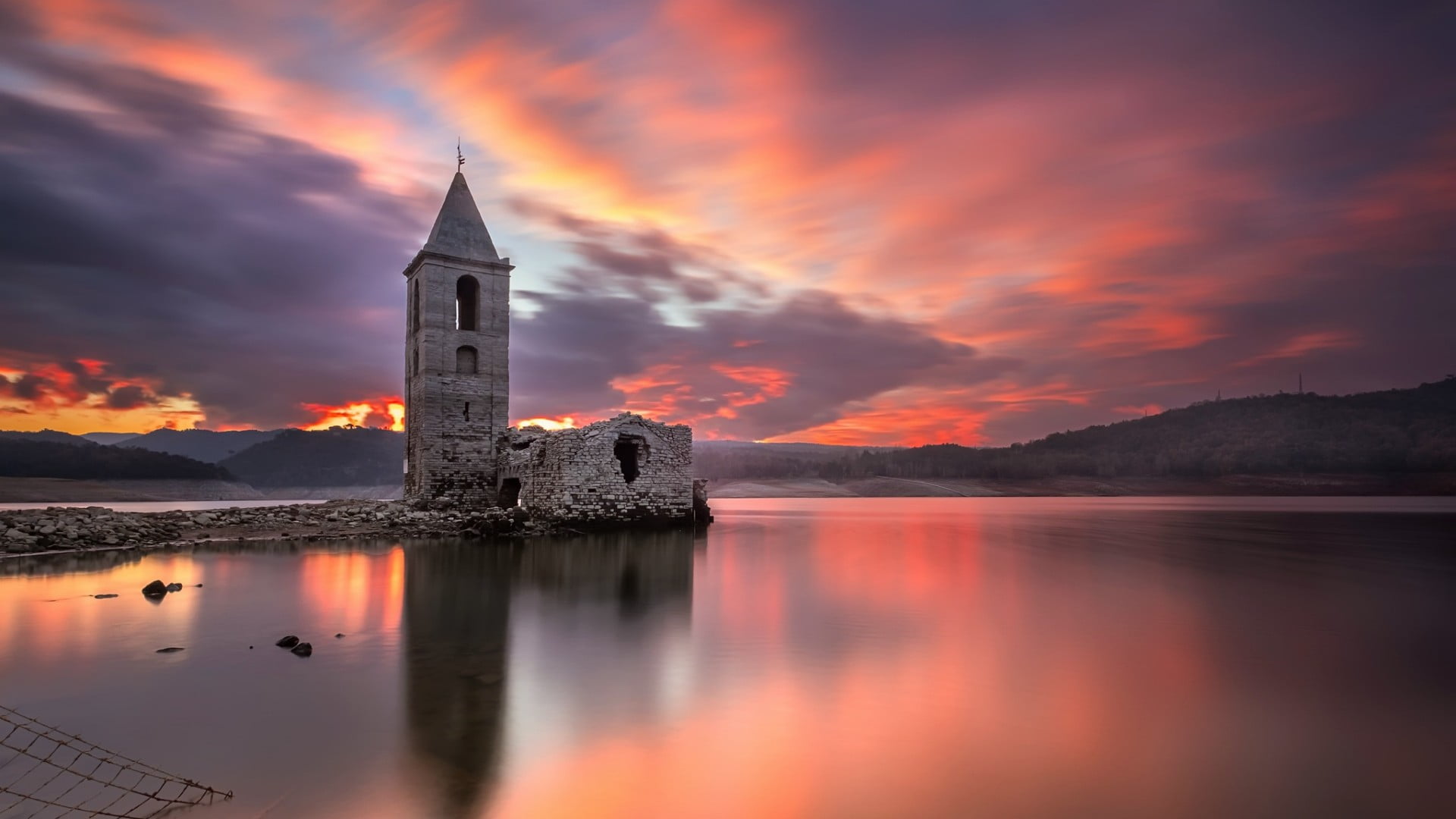 religion, beauty in nature, orange color, bell tower, pink dawn, church of sant roma, sunrise, swamp, scenics - nature, tower, cloud - sky, panta de sau, HD Wallpaper