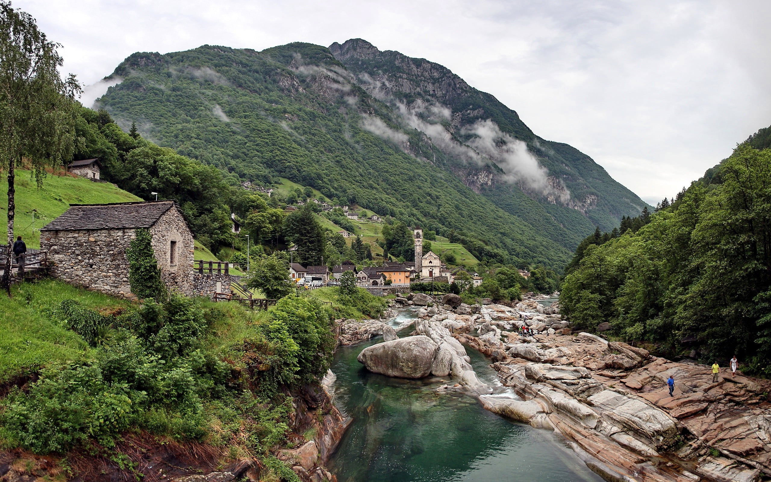 village, river, concrete, water, mountain, rocks, forest, building exterior, mountains, day, no people, 2K, tree, tranquil scene, tower, house, tranquility, HD Wallpaper
