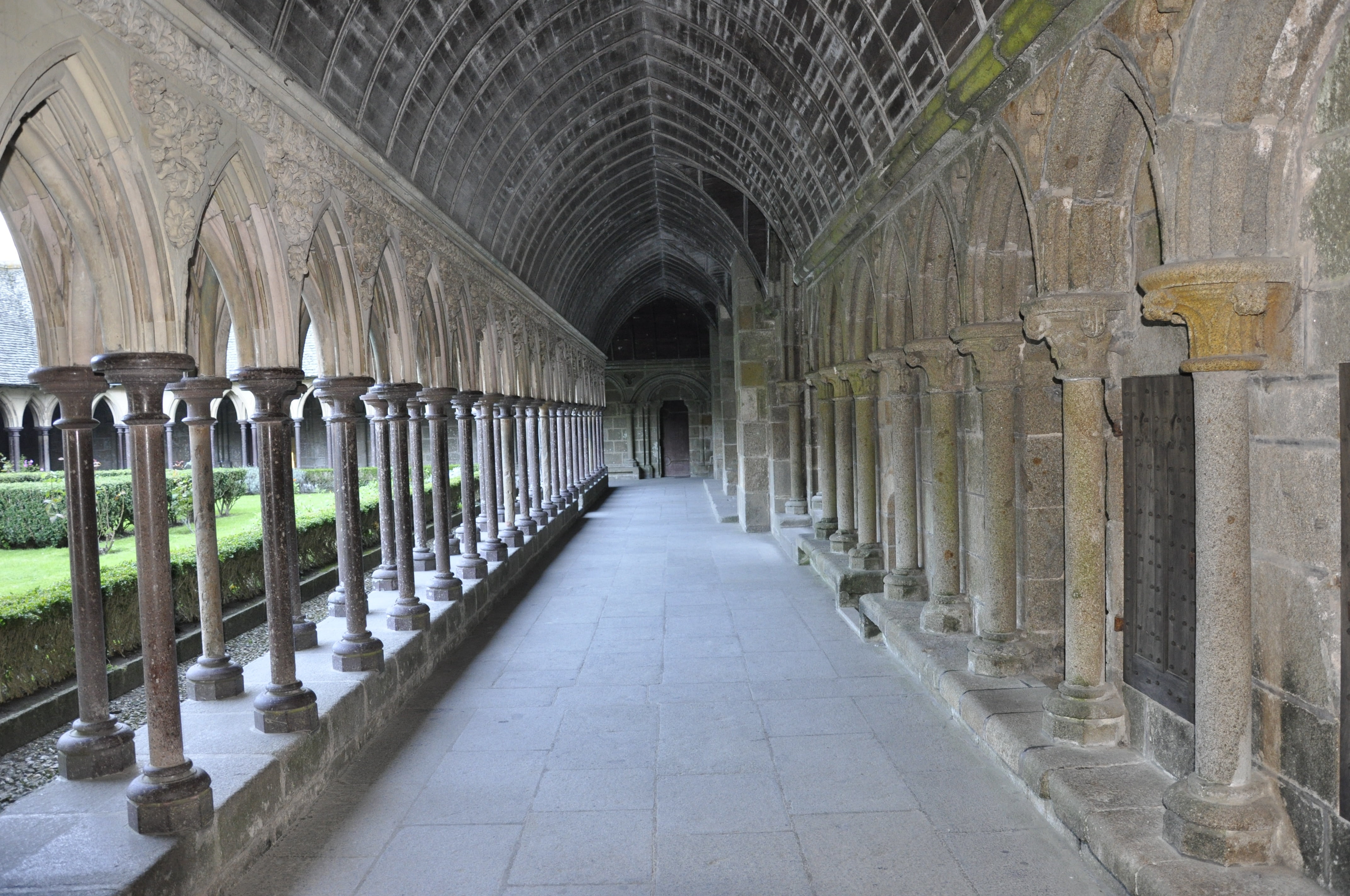 monastery, empty, place of worship, architecture, colonnade, religious monuments, direction, mont saint michel, bell tower, chapel, tiled floor, church, HD Wallpaper