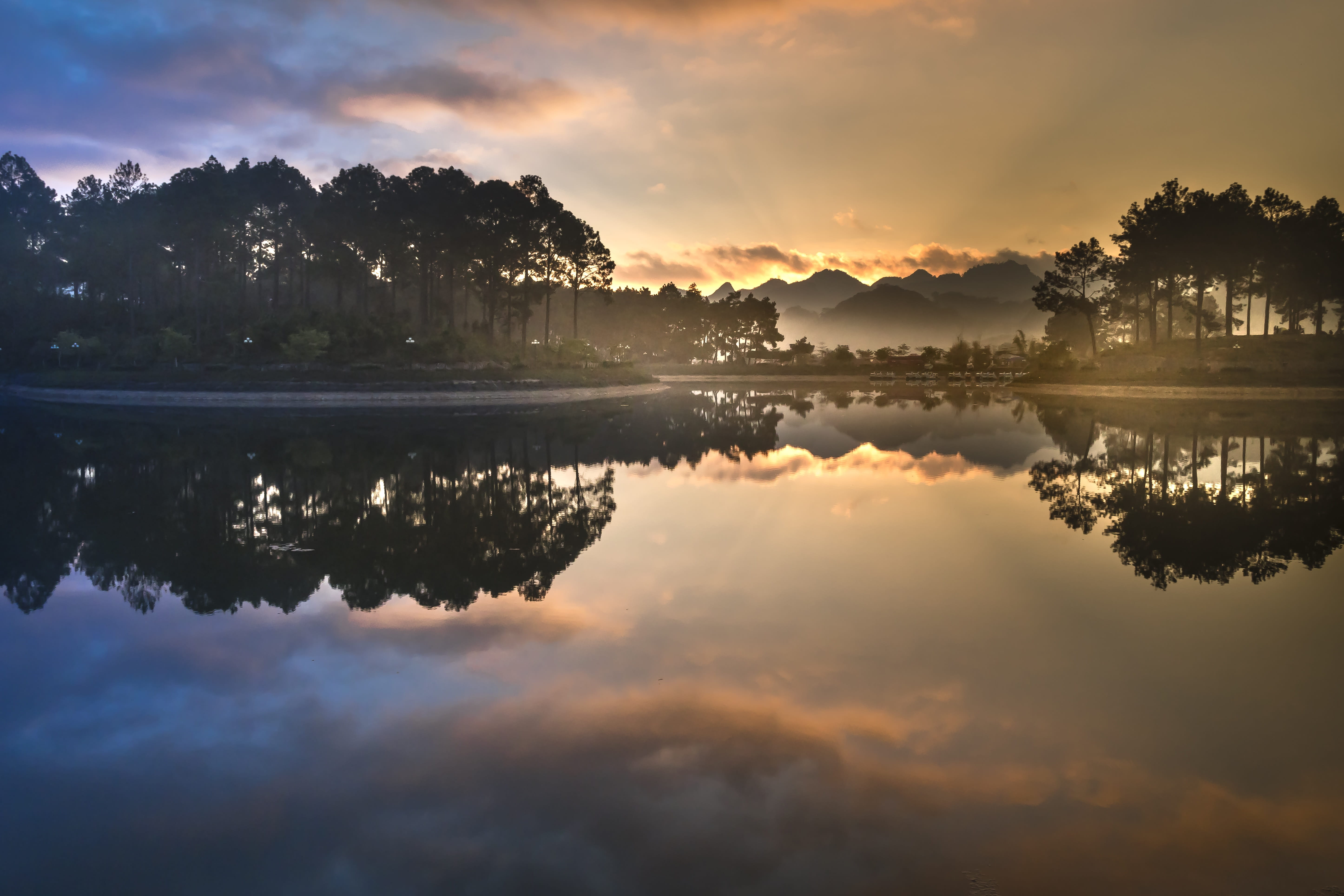 no people, the lake, clouds, tree, 5K, village, nature, see, soi ball, reflect, dawn, outdoor, lake, sunrise, water, wave, tranquil scene, the sun, travel, HD Wallpaper
