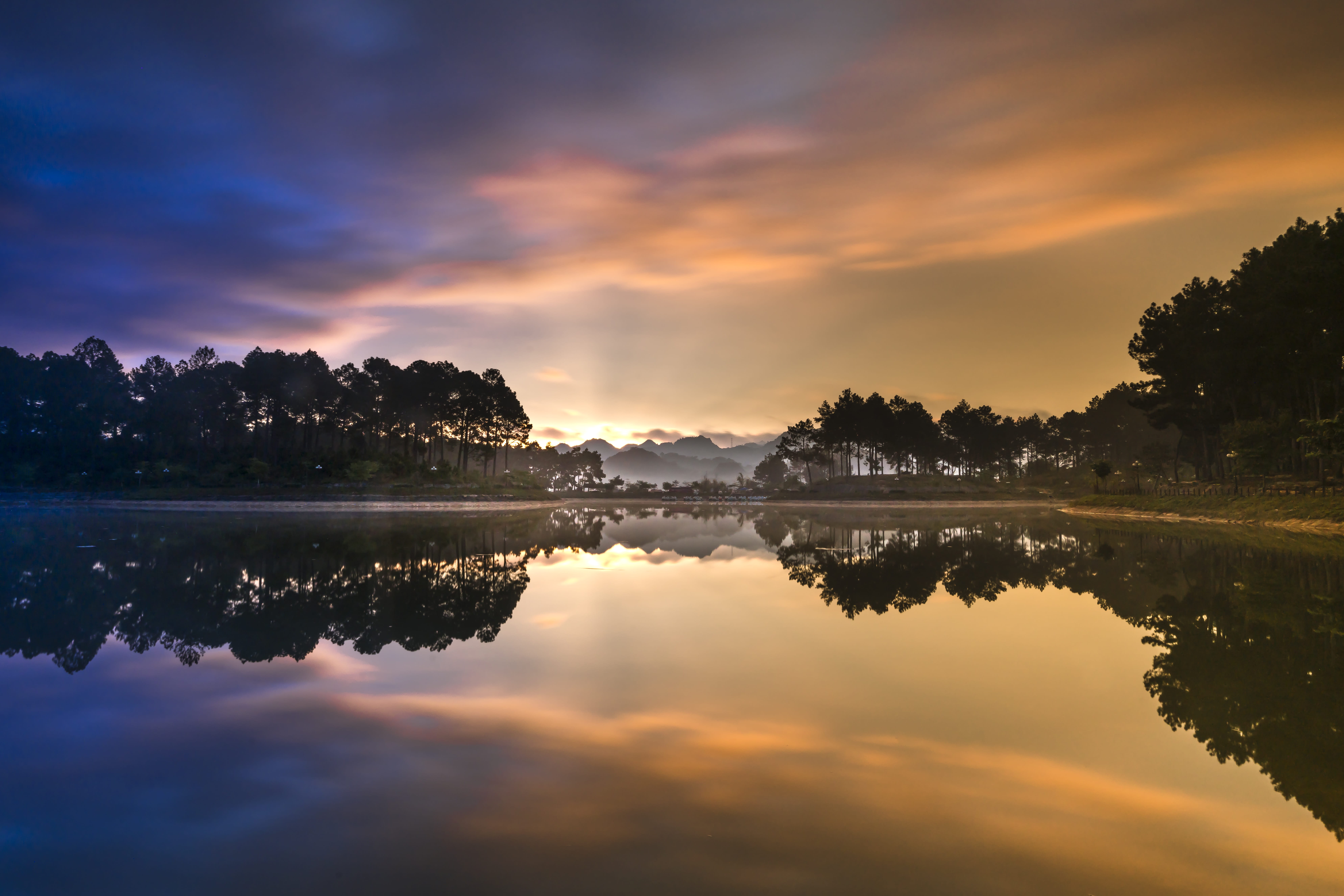 red, landscape, tranquil scene, sunrise, orange color, tranquility, sunrays, see, reflection, the beauty, the lake, light, lake, vietnam, soi ball, village, HD Wallpaper